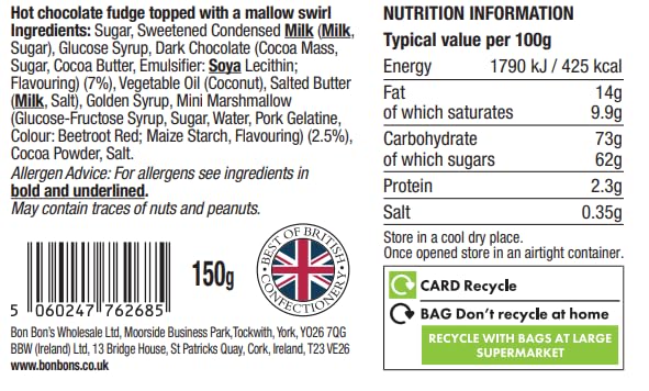 Bon Bon's Gourmet - Hot Chocolate Fudge Bag, Handmade British Fudge, 150g