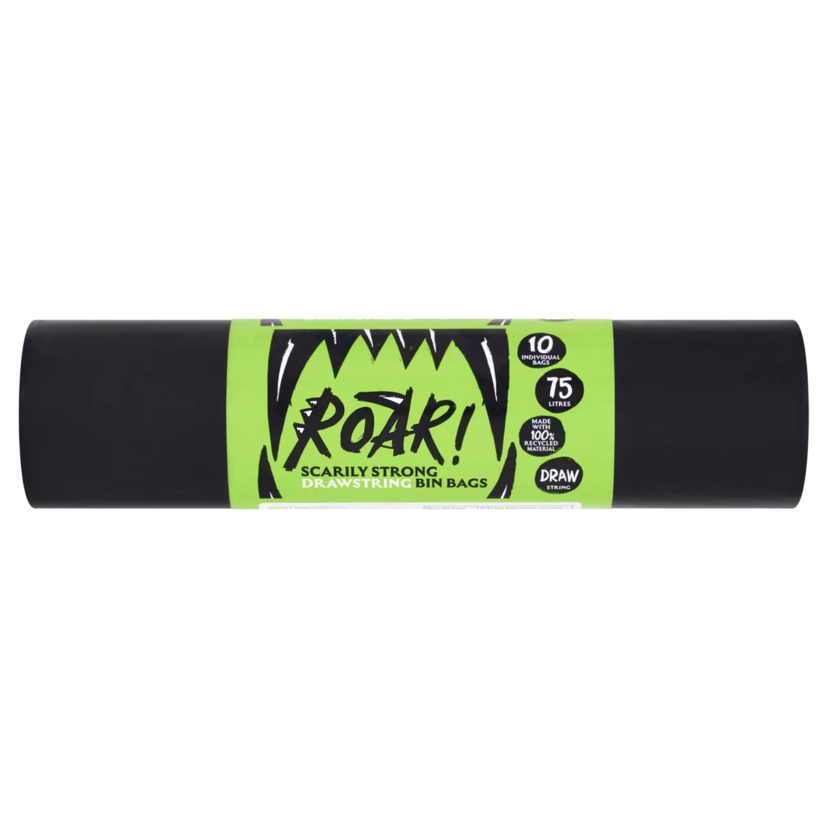 Roar! 10 Pack Ultra Strong 75 Litre Black Drawstring Bin Bags