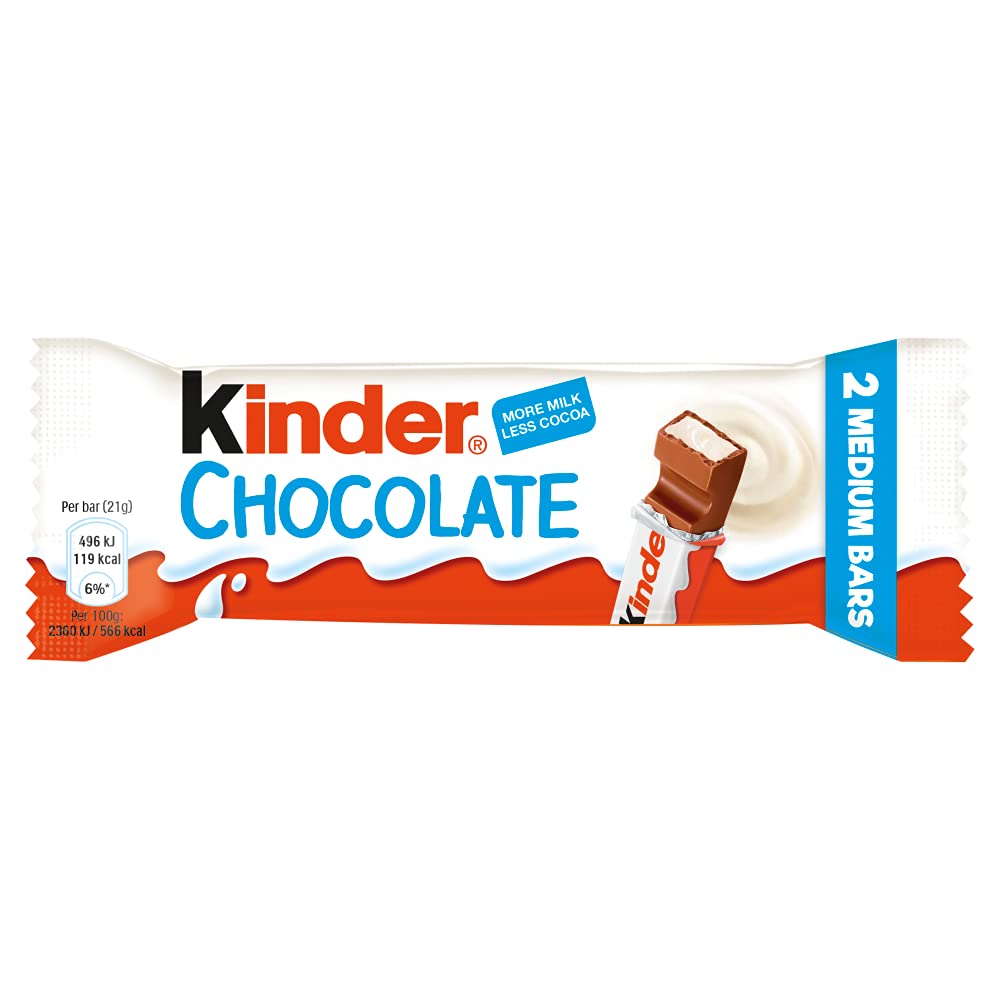 Kinder Milky Chocolate Medium Bars 42g (2 x 21g) - Milk Chocolate with More Milk Less Cocoa