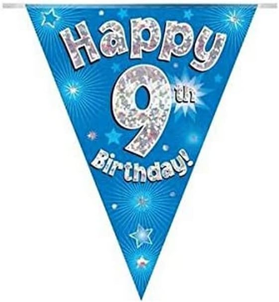 Happy 9th Birthday Bunting - Blue Holographic Party Decoration, 11 Flags, 3.9m
