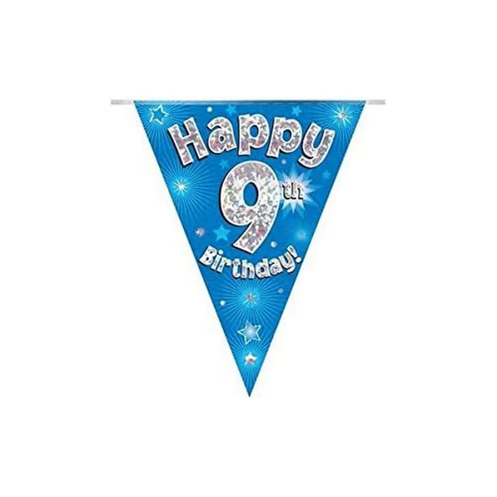 Happy 9th Birthday Bunting - Blue Holographic Party Decoration, 11 Flags, 3.9m