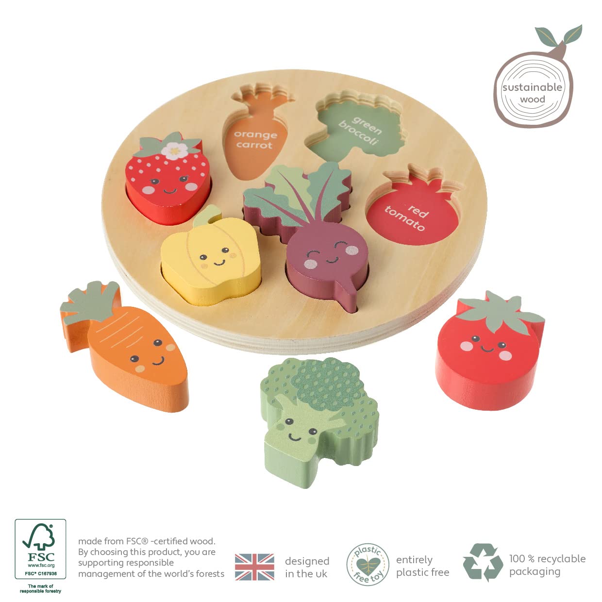 Happy Veggies Wooden Puzzle Board - Educational Shape Sorting Toy for Toddlers 18M+