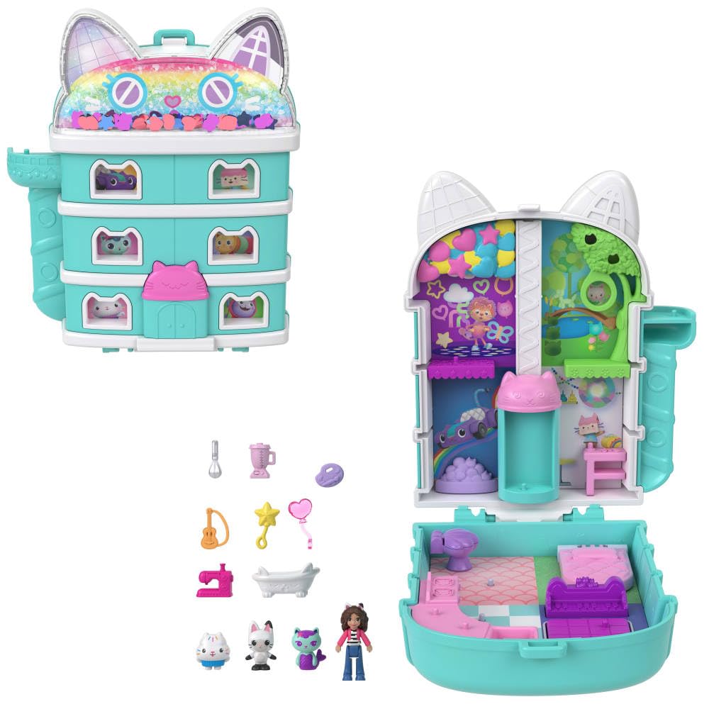Polly Pocket x Gabby's Dollhouse Playset - 15-Piece Interactive Compact with Doll & Kitty Friends