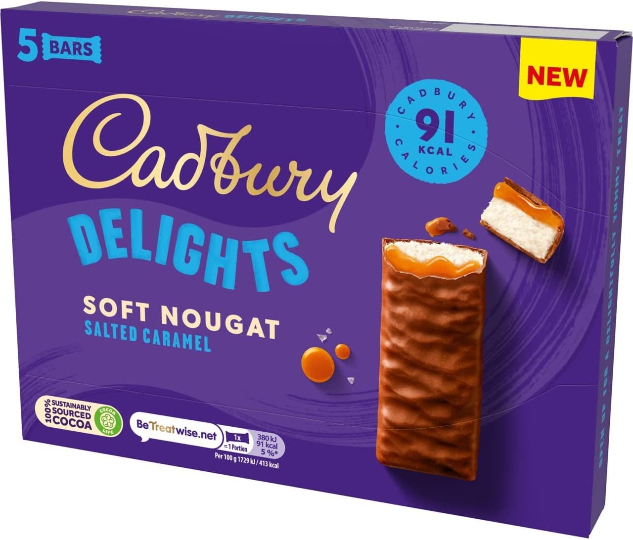 Cadbury Delights Soft Nougat Salted Caramel Bars - Pack of 5 (22g Each)