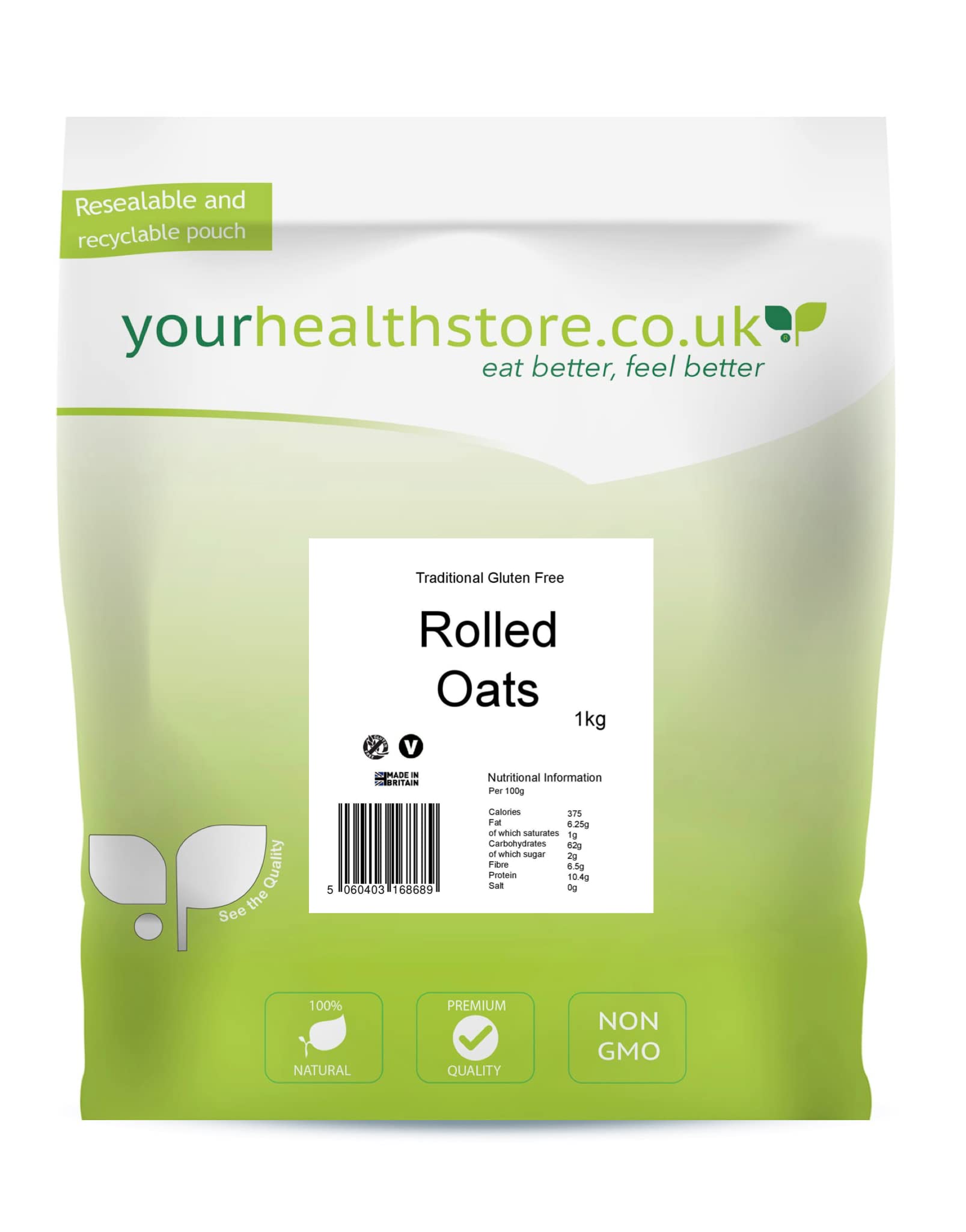 Traditional Gluten Free Pure Whole Grain Rolled Oats 1kg - British, Dairy Free, Kosher