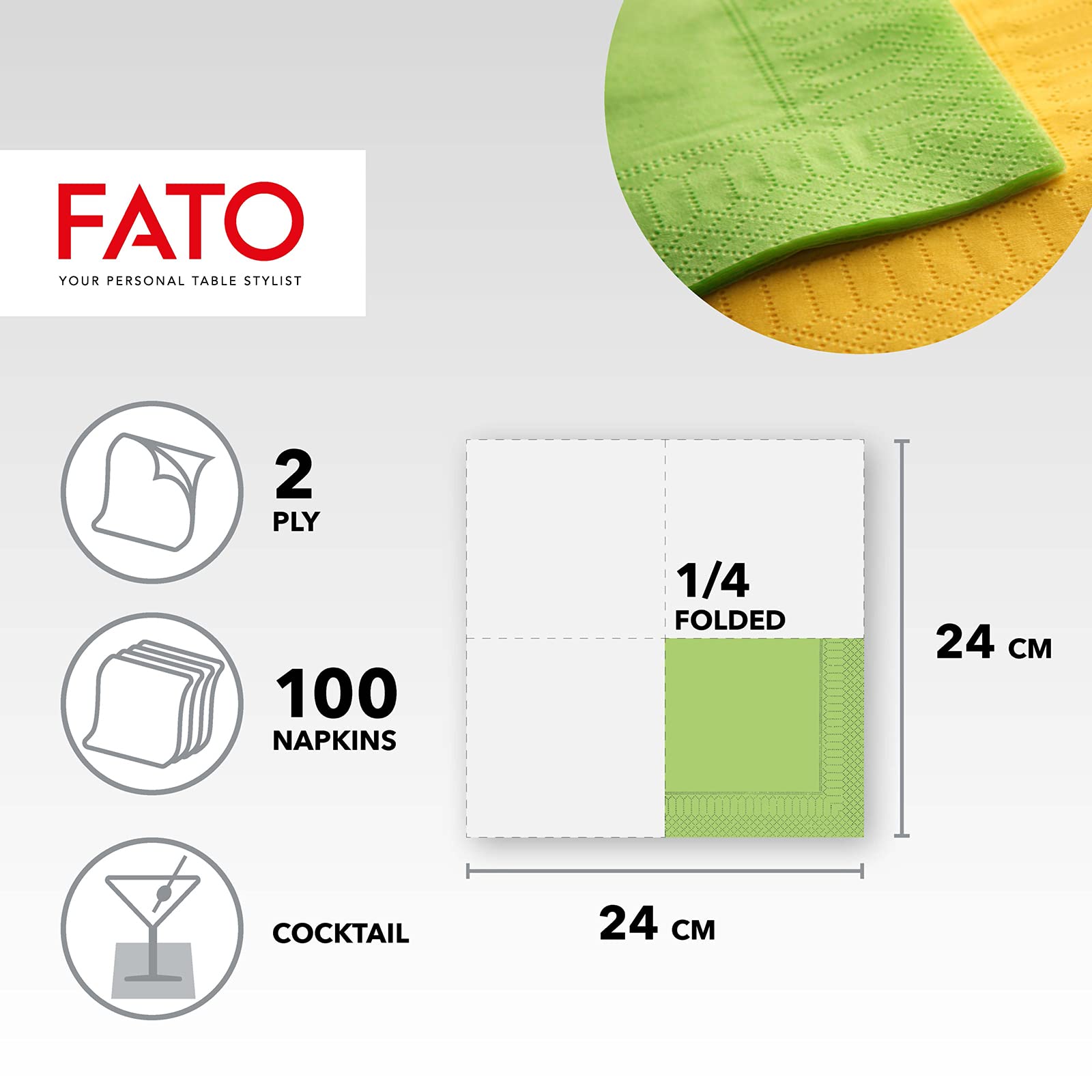 Fato Apple Green Disposable Paper Napkins, 24x24 cm, 2-Ply, Pack of 100