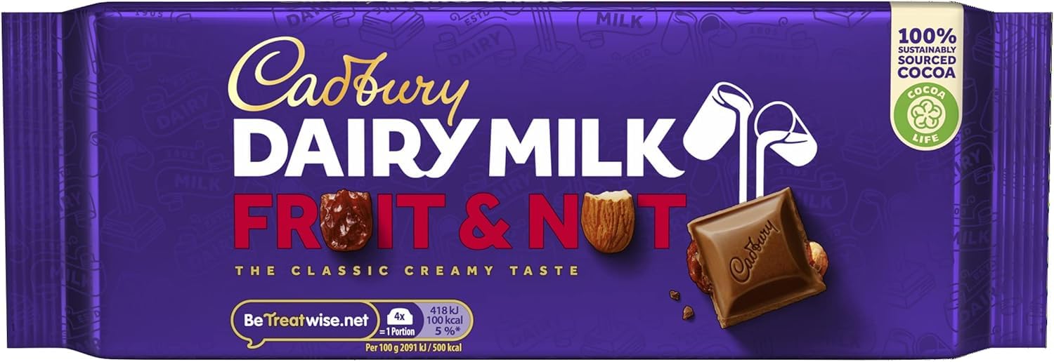 Cadbury Dairy Milk Fruit & Nut Bar, Milk Chocolate with Raisins and Almonds, 180g