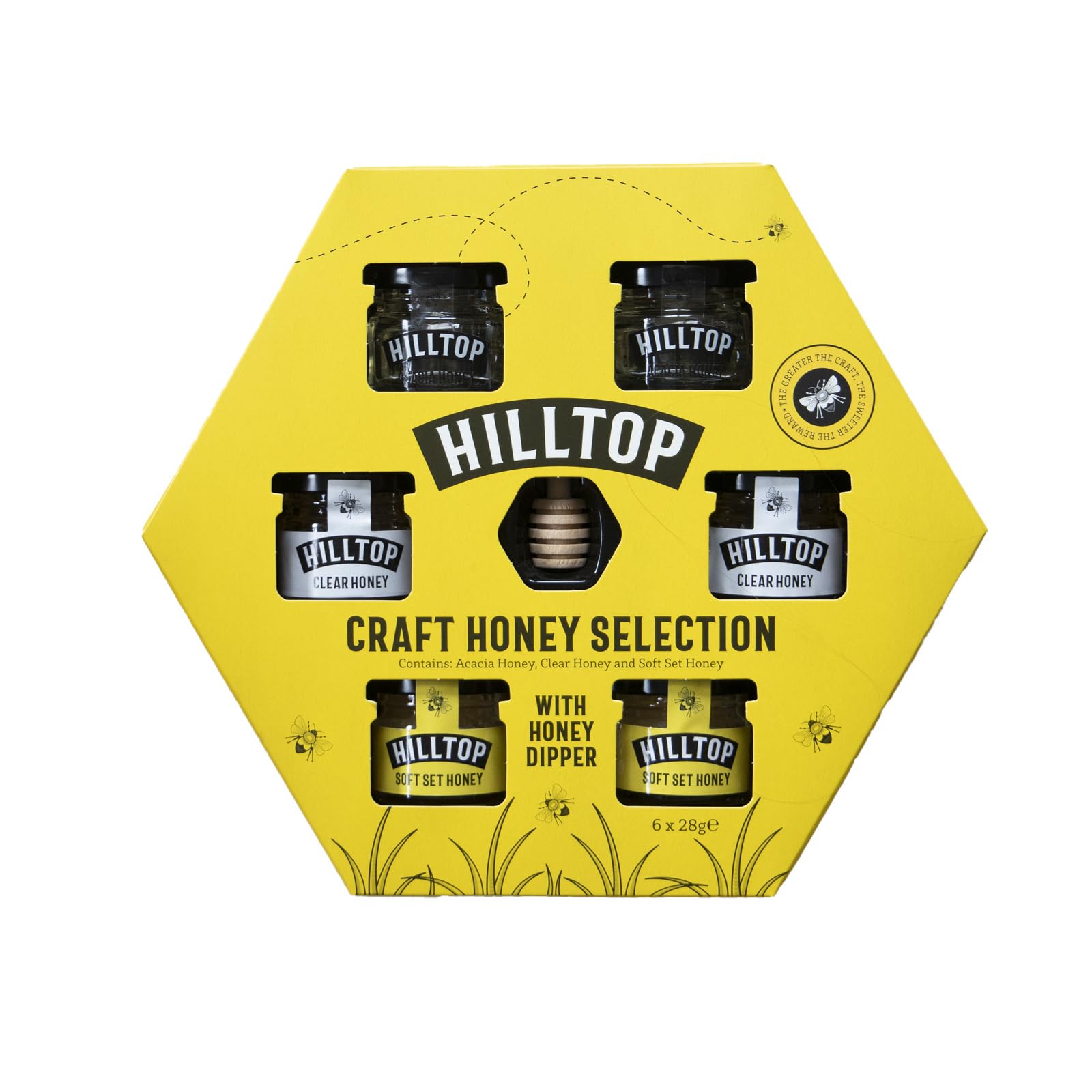 Hilltop Craft Honey Selection Box | 6 x 28g Jars with Wooden Honey Dipper
