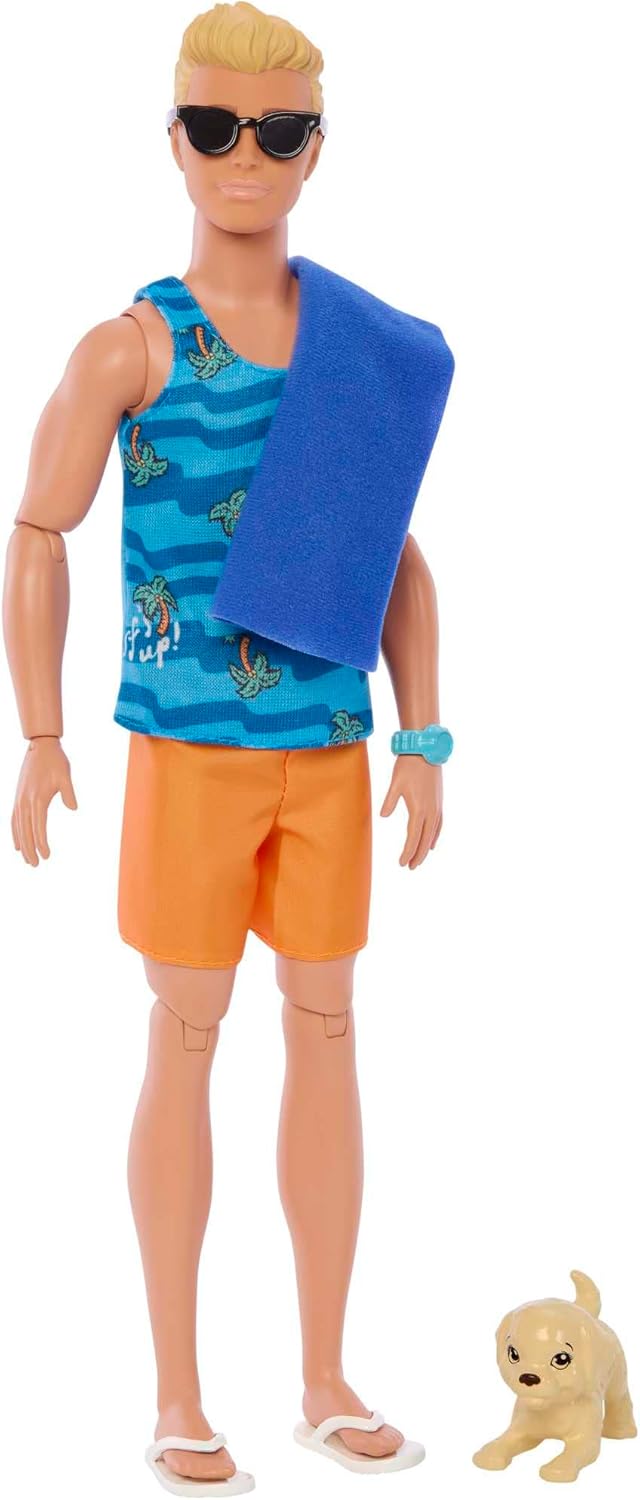 Ken Doll with Surfboard and Pet Puppy - Poseable Beach Playset for Kids 5+