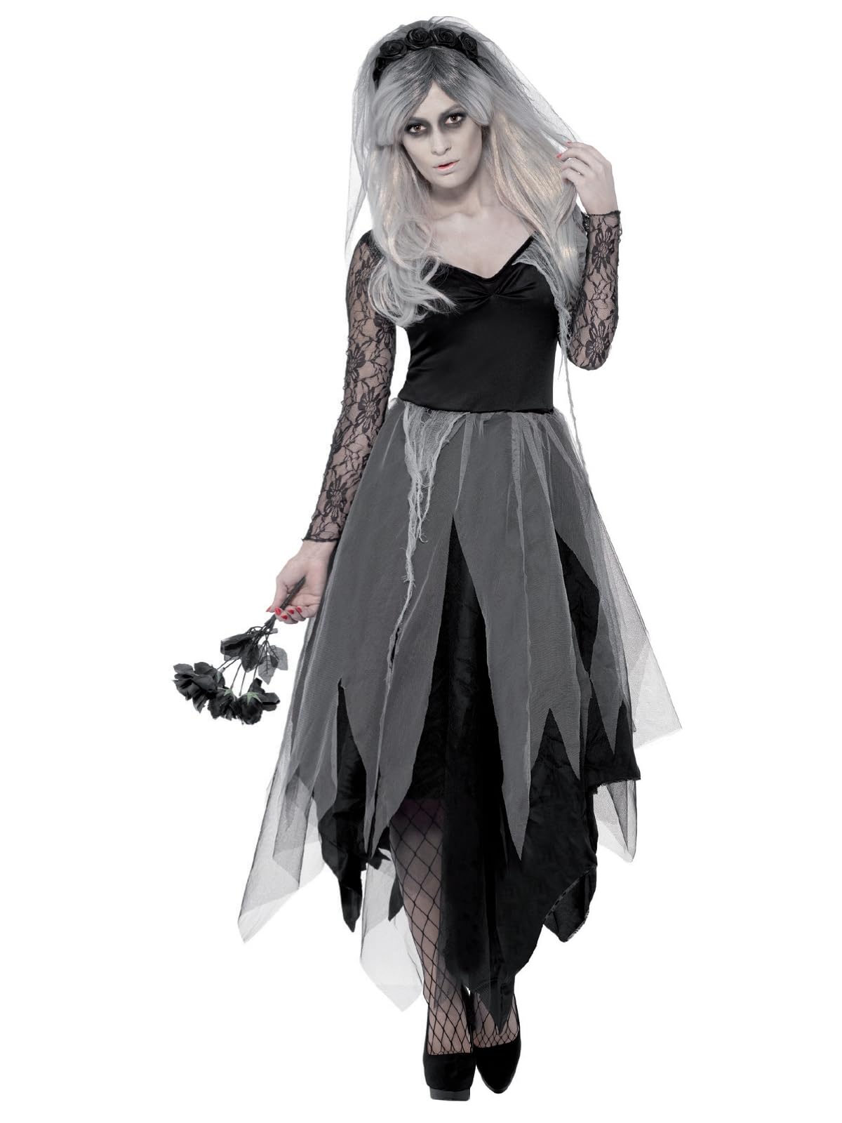 Smiffys Graveyard Bride Costume - Adult Women's Fancy Dress with Rose Veil