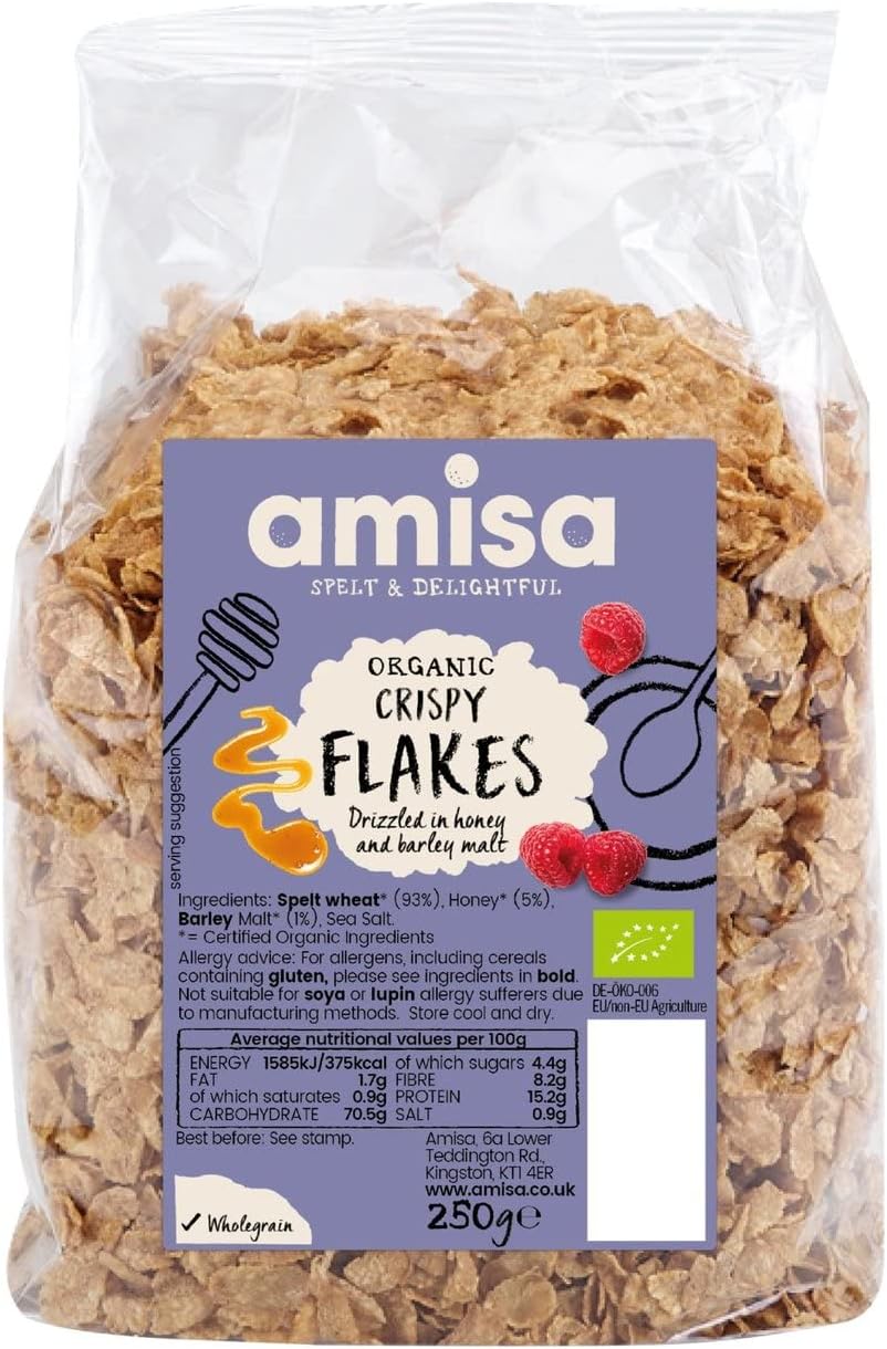 Amisa Organic Spelt Crispy Flakes 250g - High Fibre Breakfast Cereal with Honey & Barley Malt