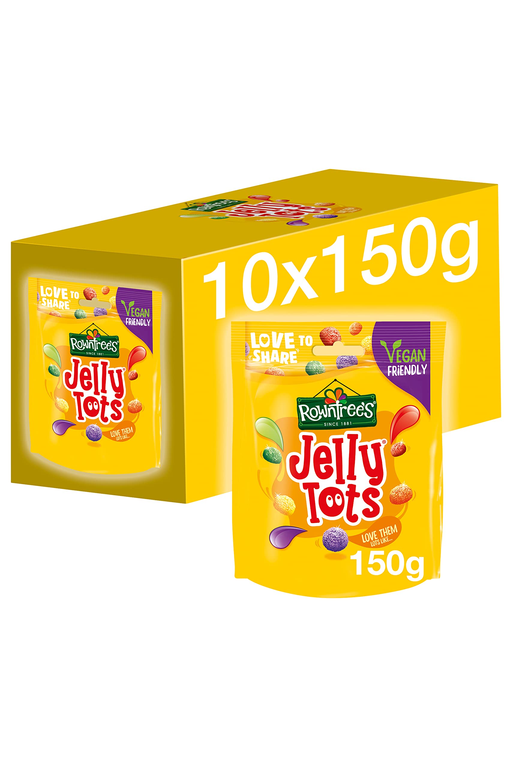 Rowntree's Jelly Tots Sweets - Fruit Flavoured Chewy Sweets, Vegan Friendly, 10 x 150g Sharing Bags