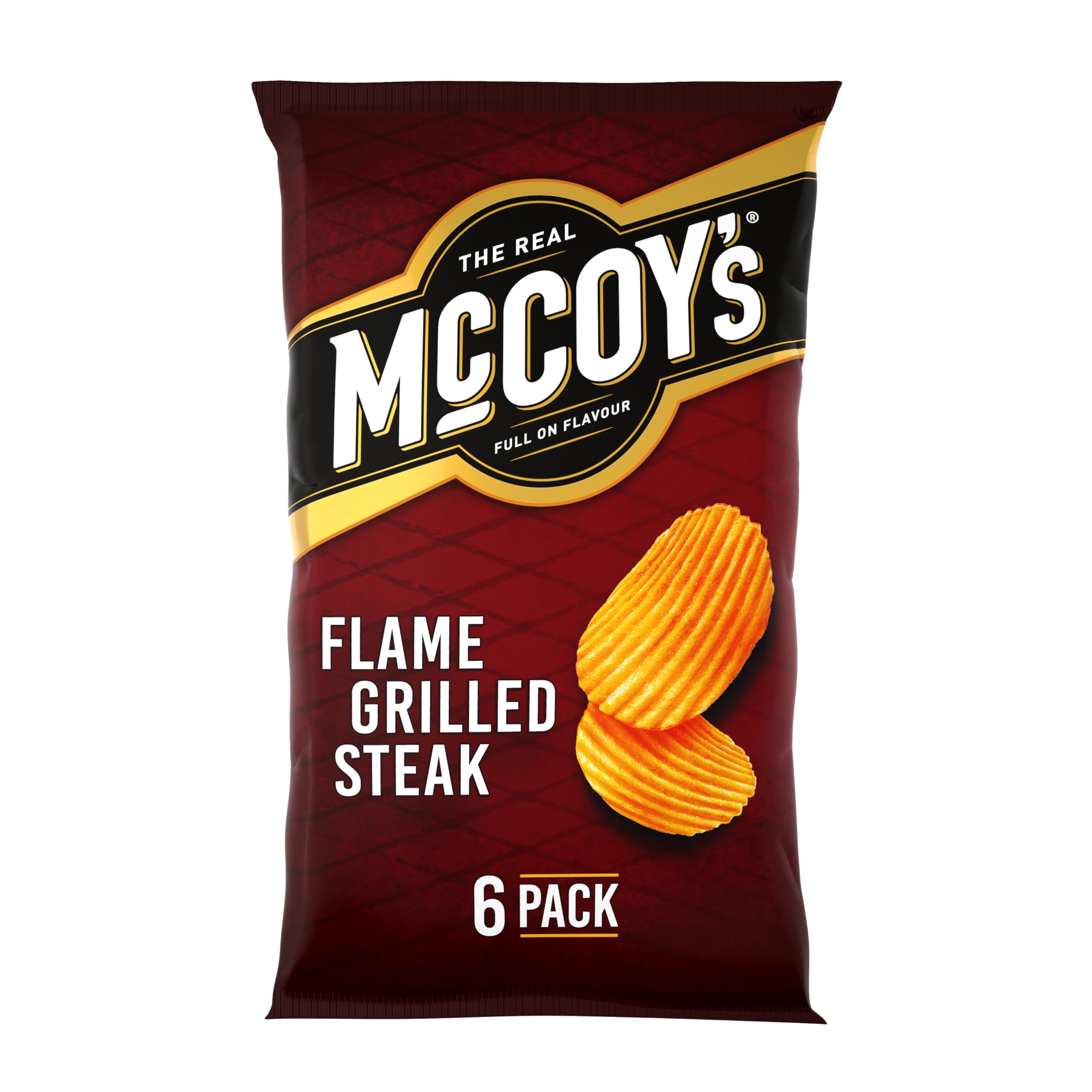 McCoys Flame Grilled Steak Crisps 25g (Pack of 6) - Ridged Crisps with Bold Steak Flavour