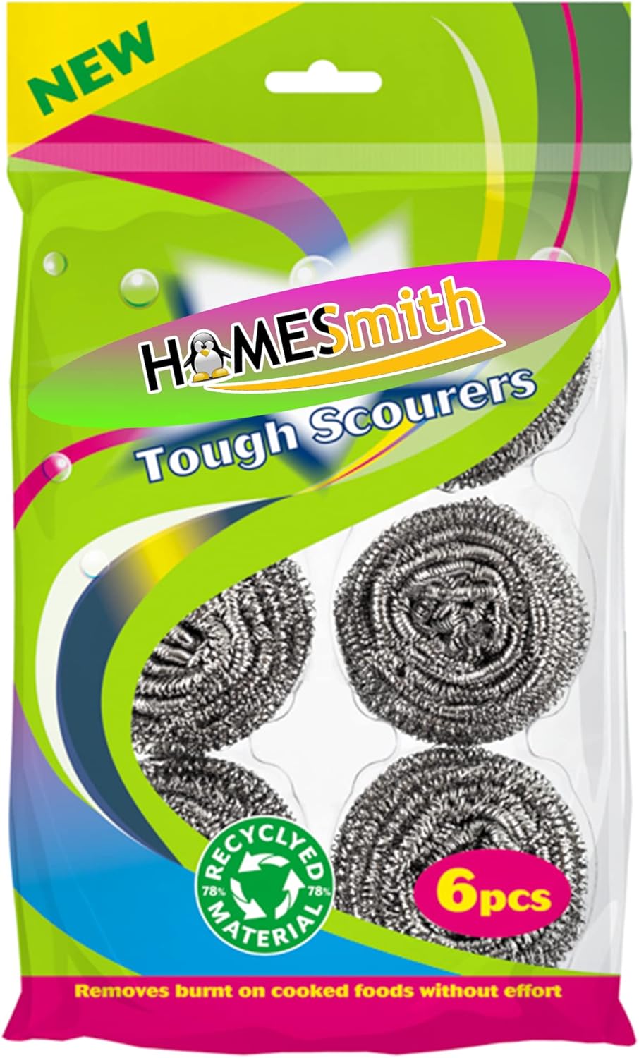 HomeSmith Stainless Steel Scourers – Pack of 6, Heavy Duty Cleaning Pads (HS-130)