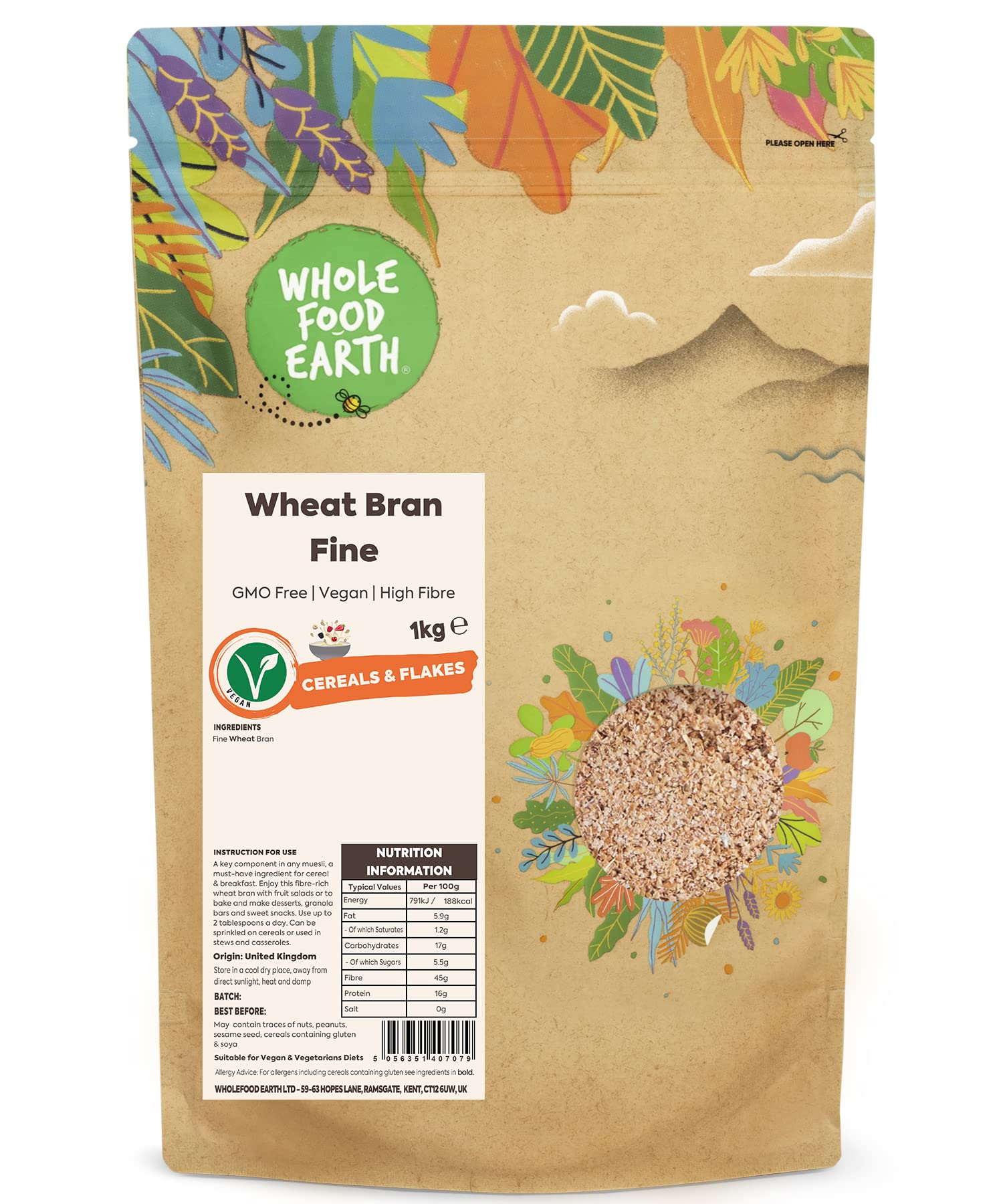 Wholefood Earth Wheat Bran Fine 1 kg | GMO Free | High Fibre