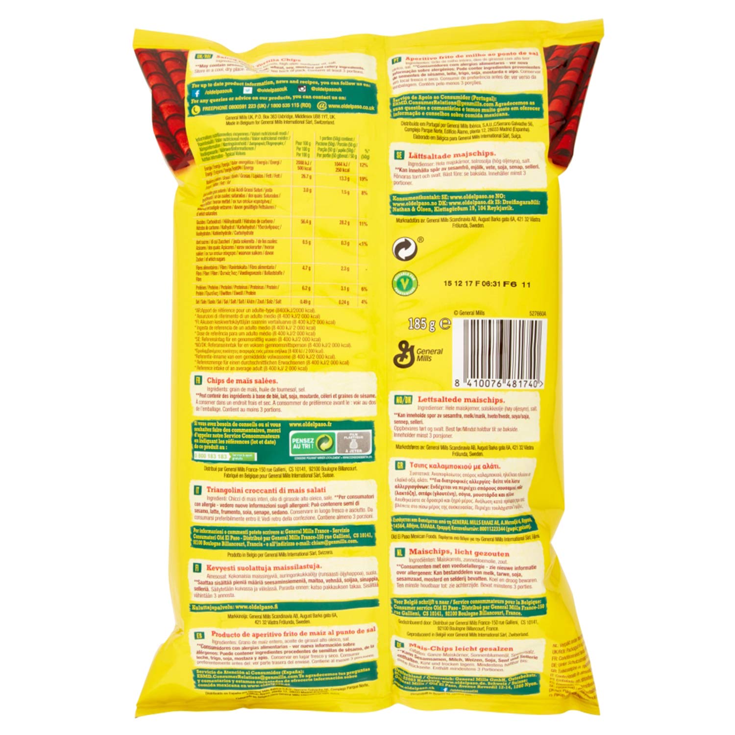 Old El Paso - Gluten Free Crunchy Salted Tortilla Chips 185g (Pack of 5)