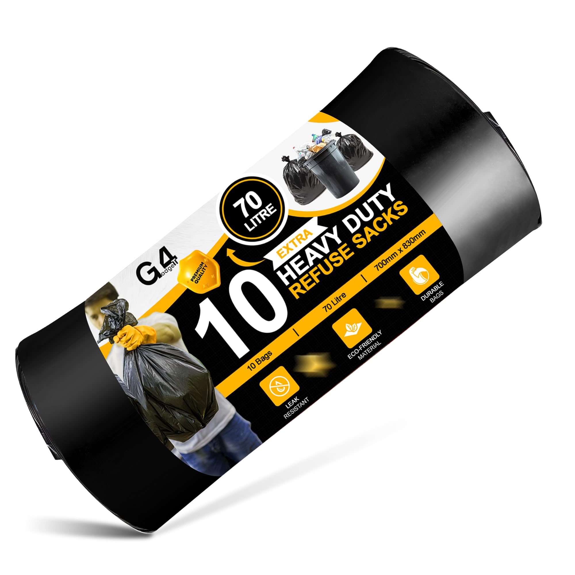 G4GADGET 70L Bin Bags (10 Pack) - Heavy Duty Black Refuse Sacks, Tear & Leak-Resistant Waste Bags