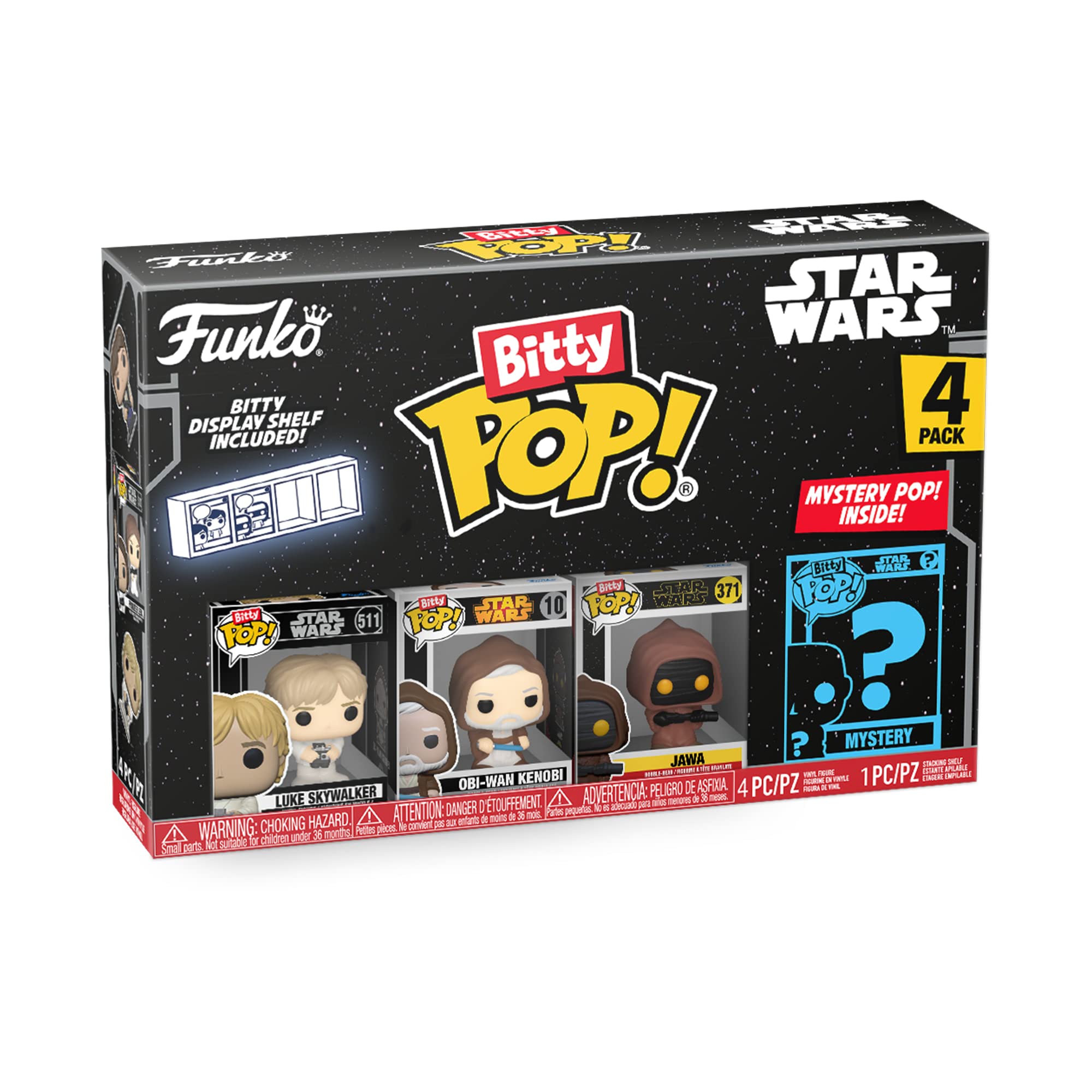 Funko Bitty POP! Star Wars - Luke Skywalker, Obi-Wan Kenobi, Jawa & Mystery Mini Figure 4-Pack with Display Shelf