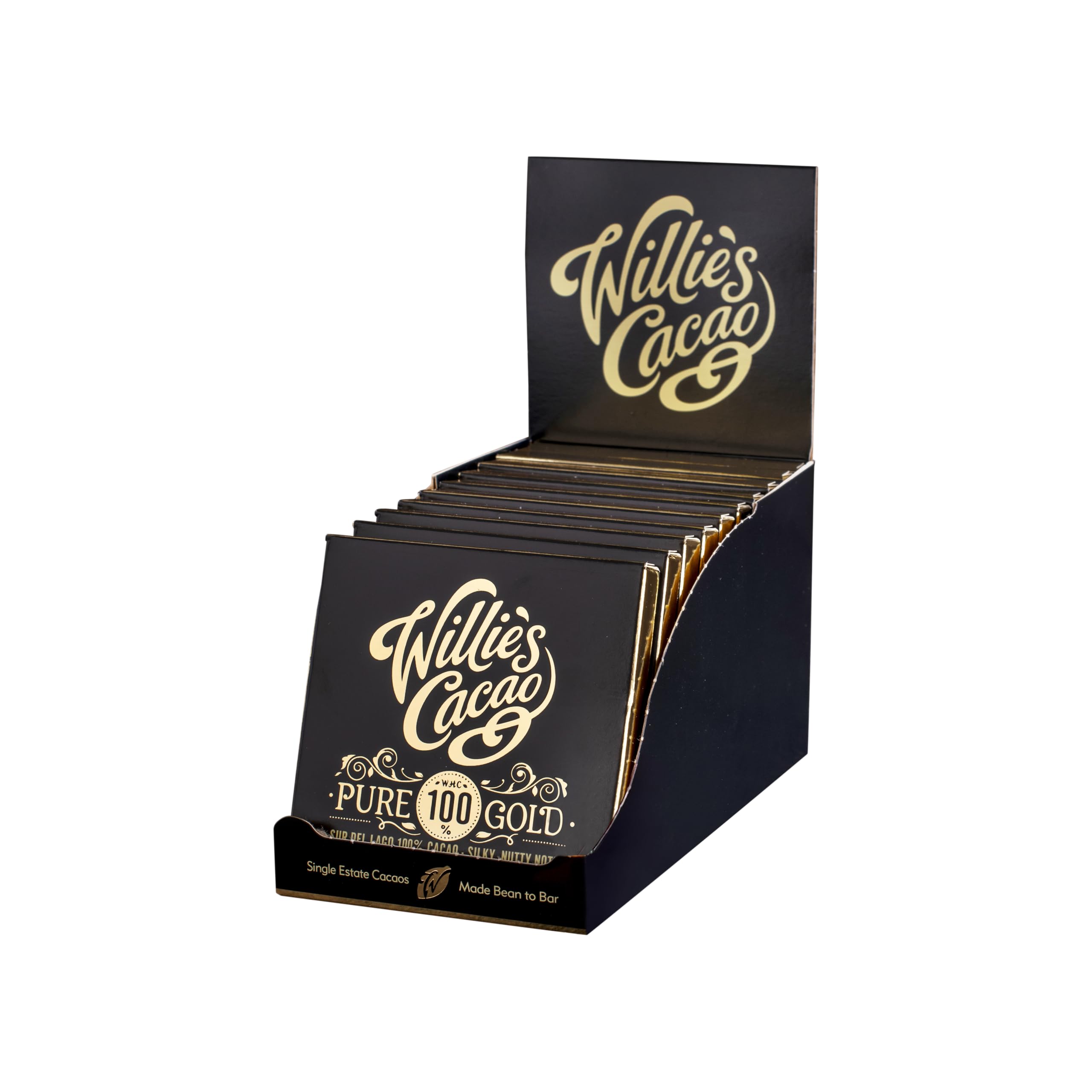 Willie's Cacao - Pure Gold 100% Cocoa Bar - 40g x 12 - No Added Sugar, Vegan, Dairy Free