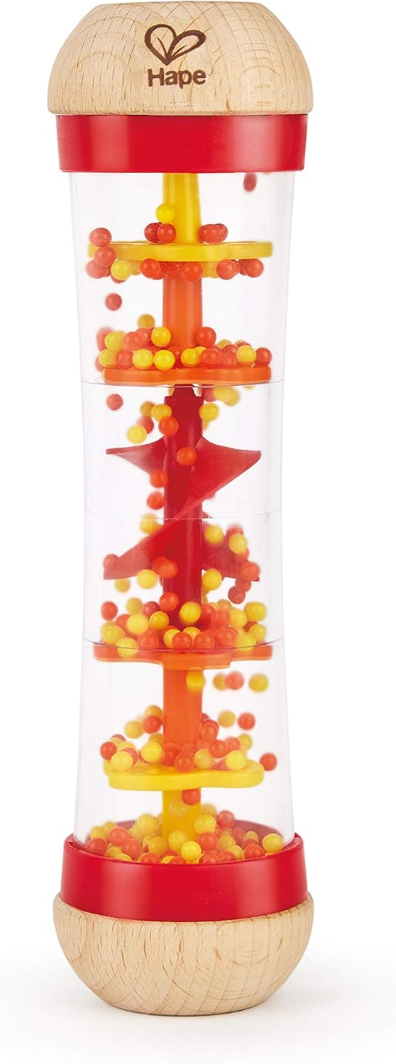 Hape Beaded Raindrops | Mini Wooden Musical Shake & Rattle Rainmaker Toy, Red