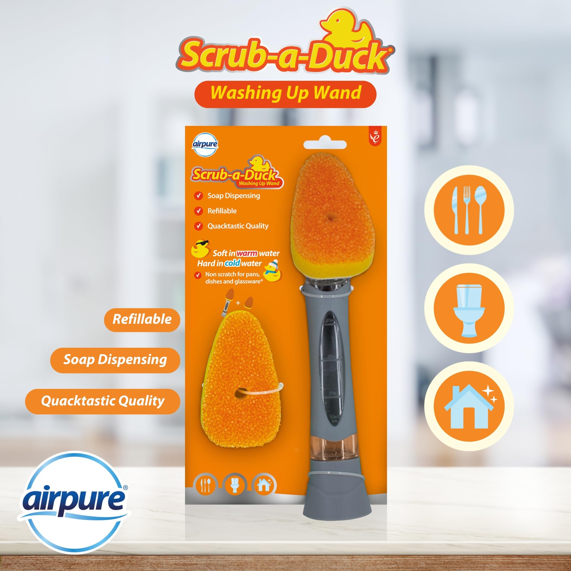 airpure - Scrub-a-Duck Washing Up Wand | Soap Dispensing | Refillable | Non-Scratch