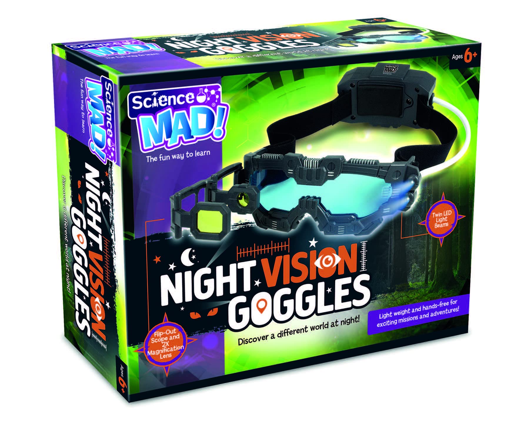 Science Mad! Night Vision Goggles for Kids - 2x Magnification & LED Lights - Black
