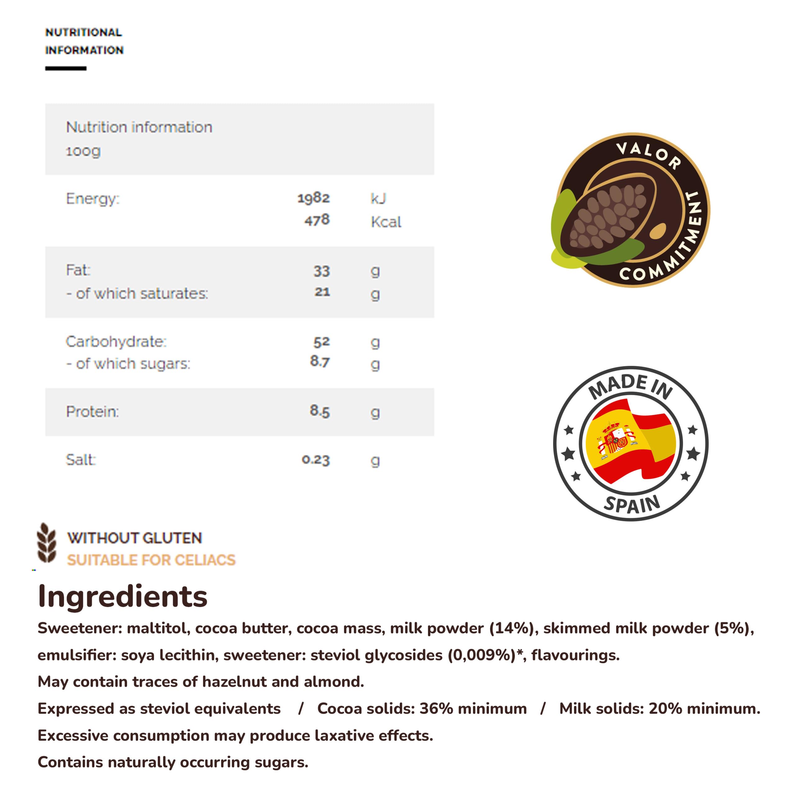 Valor - Sugar Free Milk Chocolate Bar (100g)