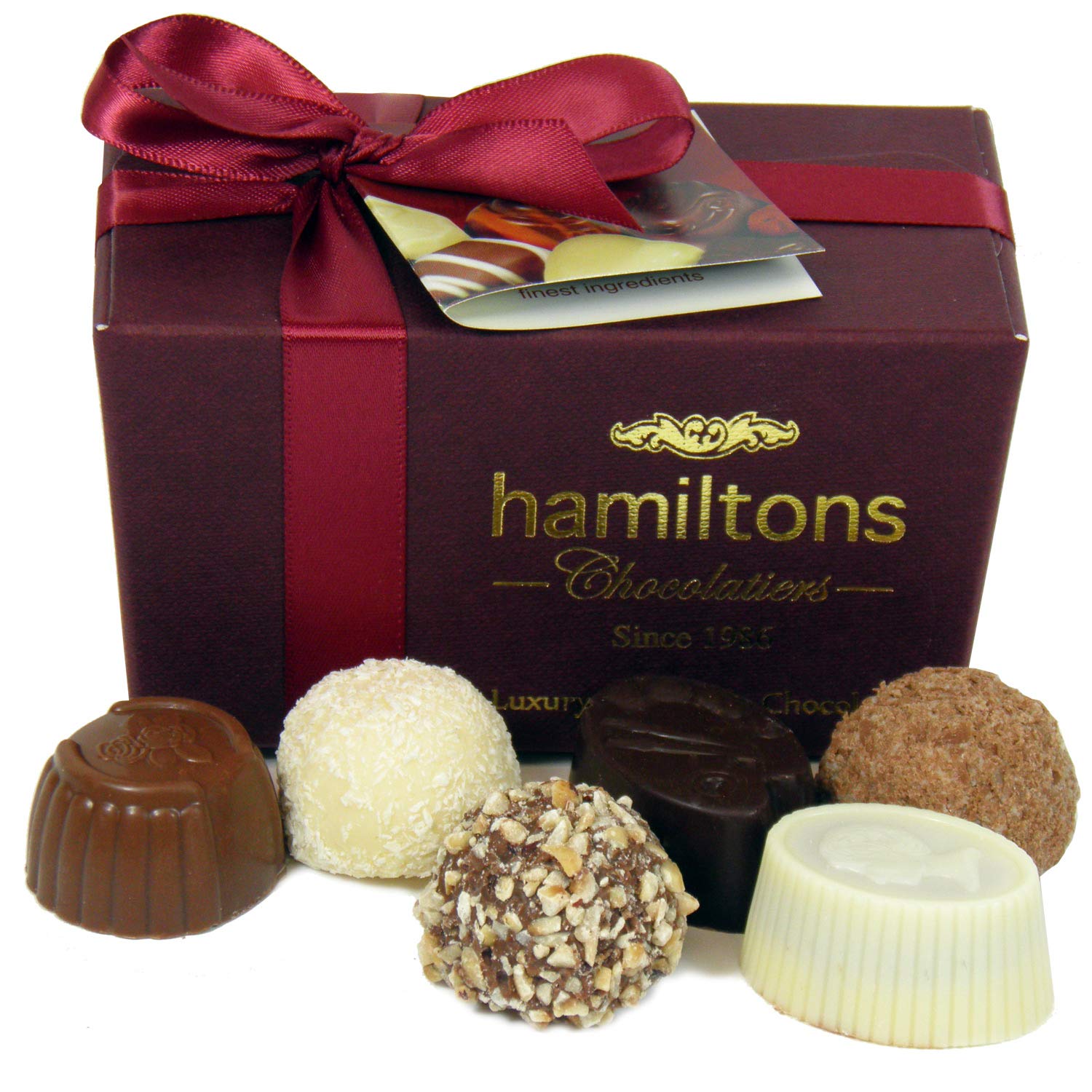 Hamiltons - Burgundy Luxury Belgian Ballotin 12 Handmade Chocolates Gift Box