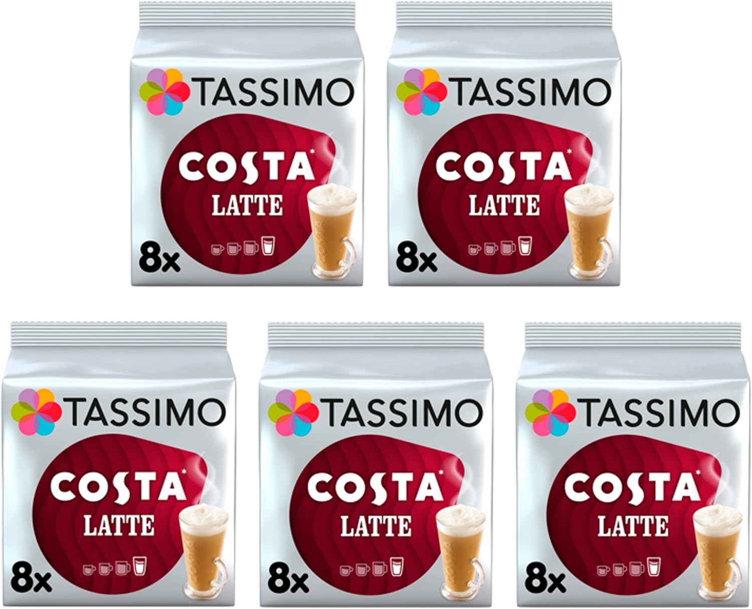 Tassimo Costa Latte Medium Roast Coffee Pods (Pack of 5, 40 Drinks Total)