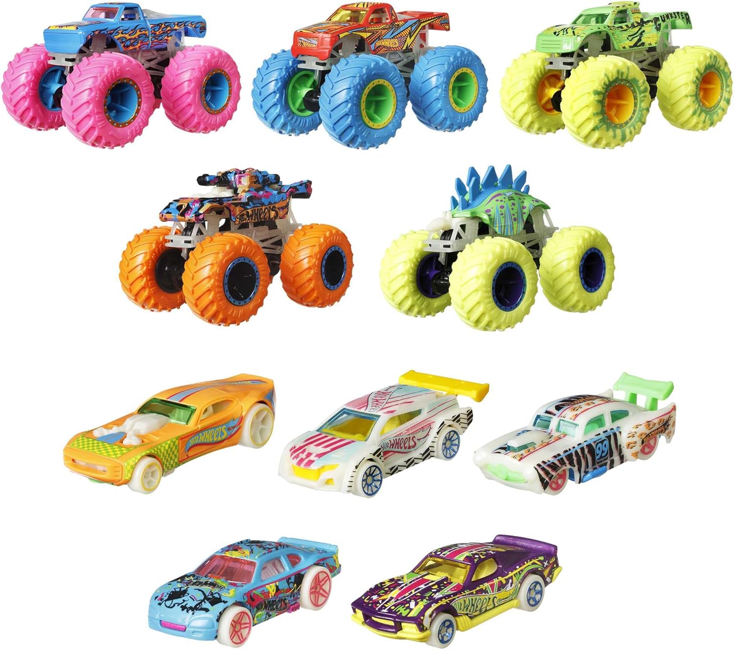 Hot Wheels Monster Trucks Glow in the Dark Bundle - 10-Piece Set with 5 Monster Trucks and 5 Die-Cast Cars
