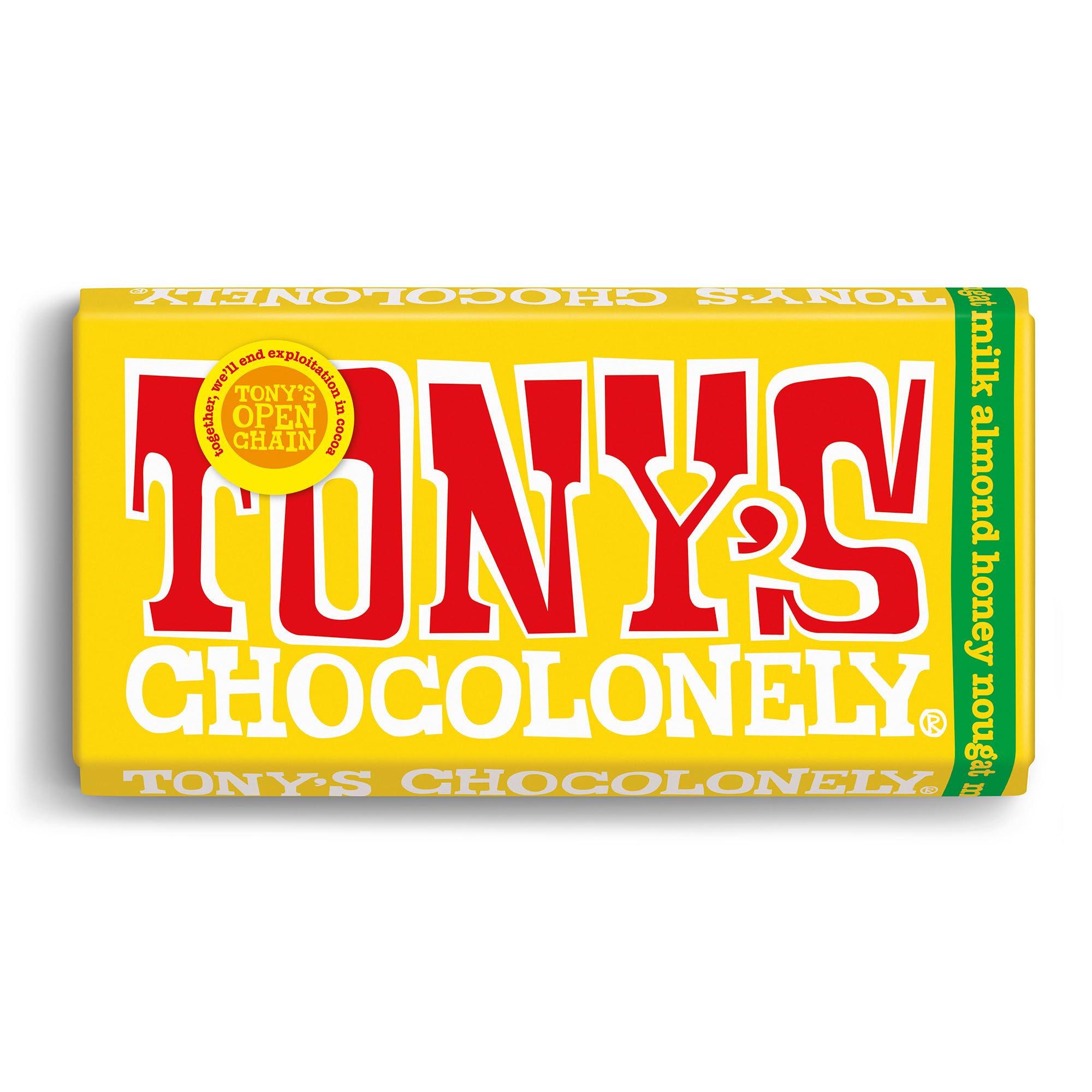 Tony's Chocolonely Milk Chocolate with Almond Honey Nougat Bar - 180g Fairtrade Belgian Chocolate
