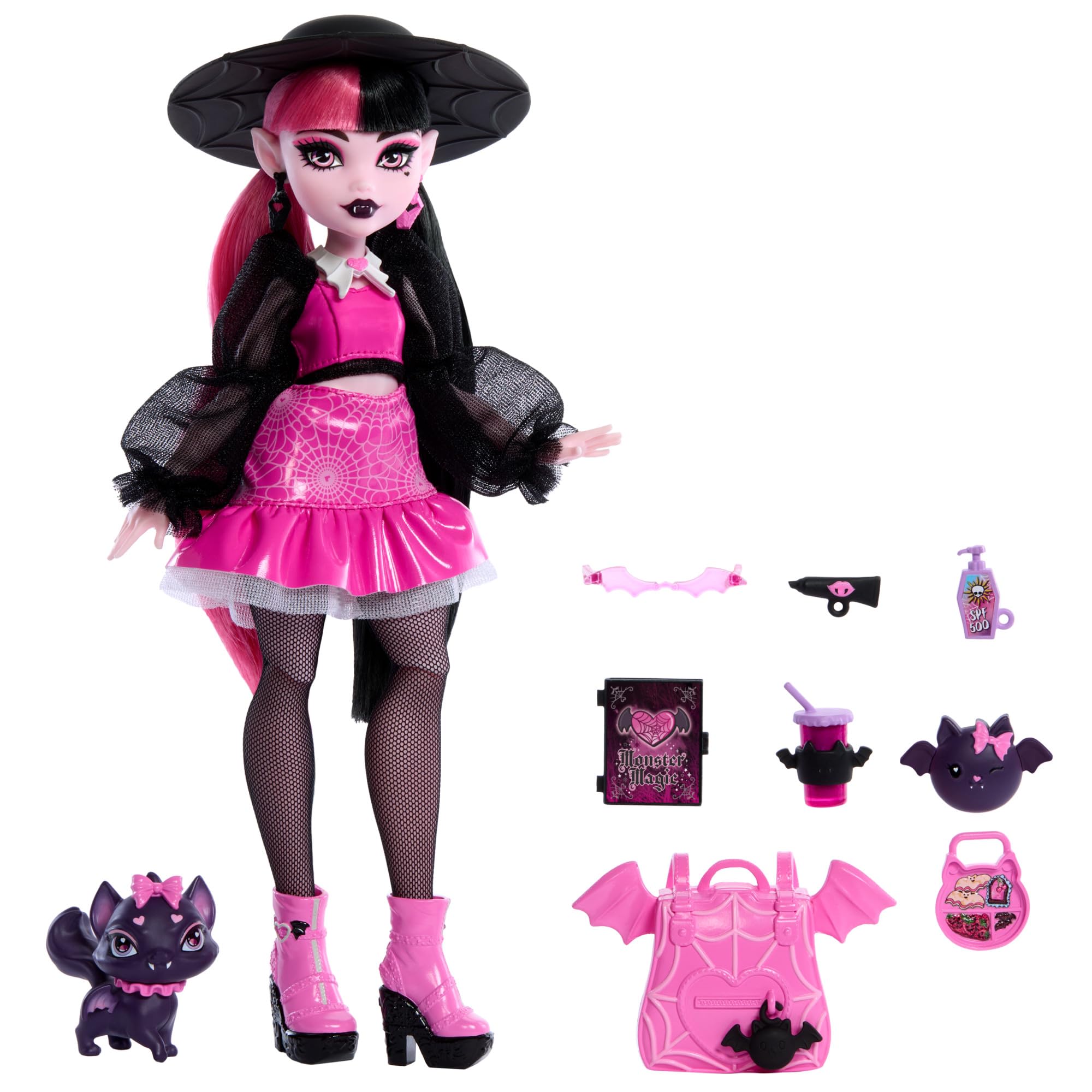 Monster High Draculaura Doll with Count Fabulous Pet & Accessories - Pink Fashion Vampire Doll for Kids