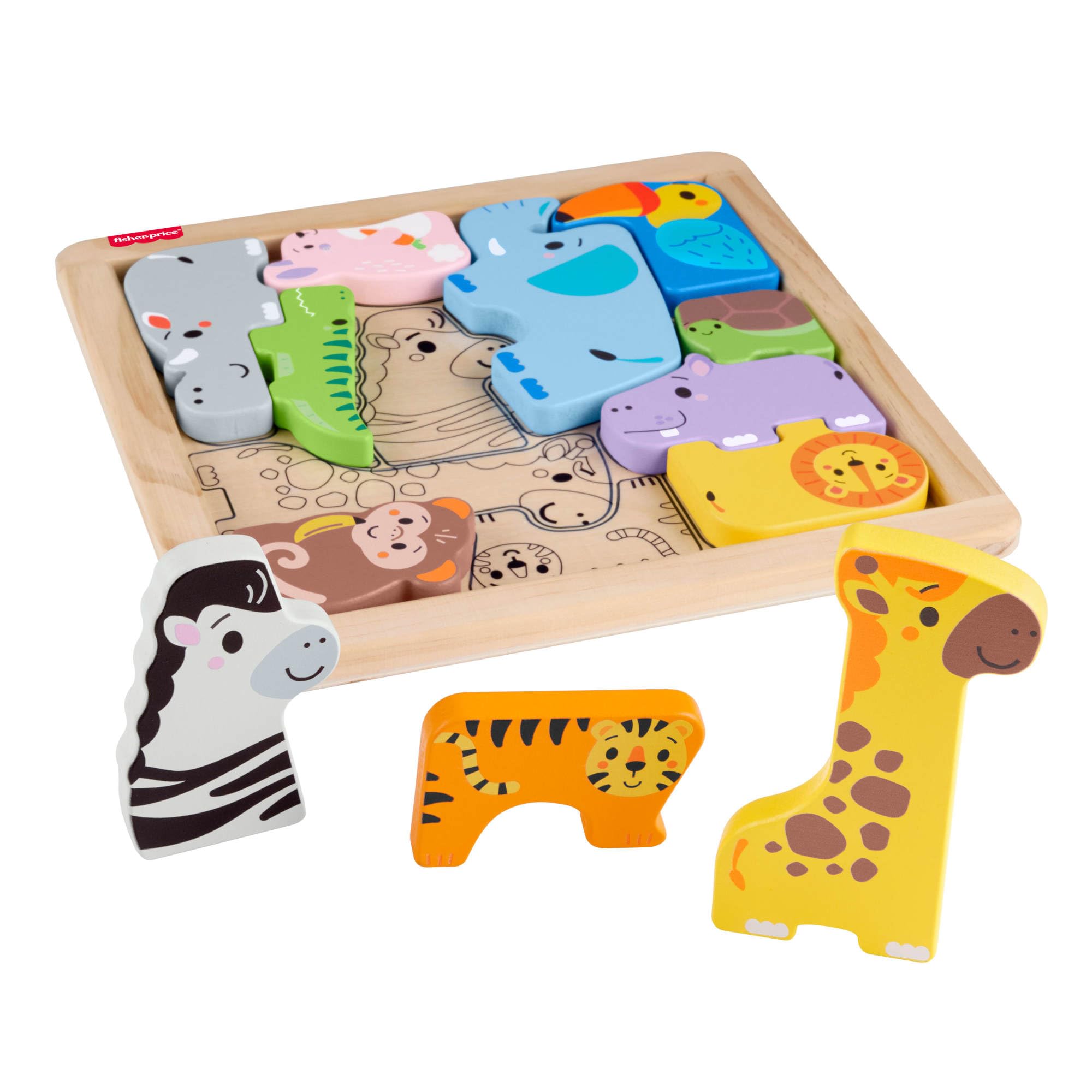 Fisher-Price Wooden Animal Puzzle - 13-Piece Shape-Sorting Activity Toy for Toddlers 2+