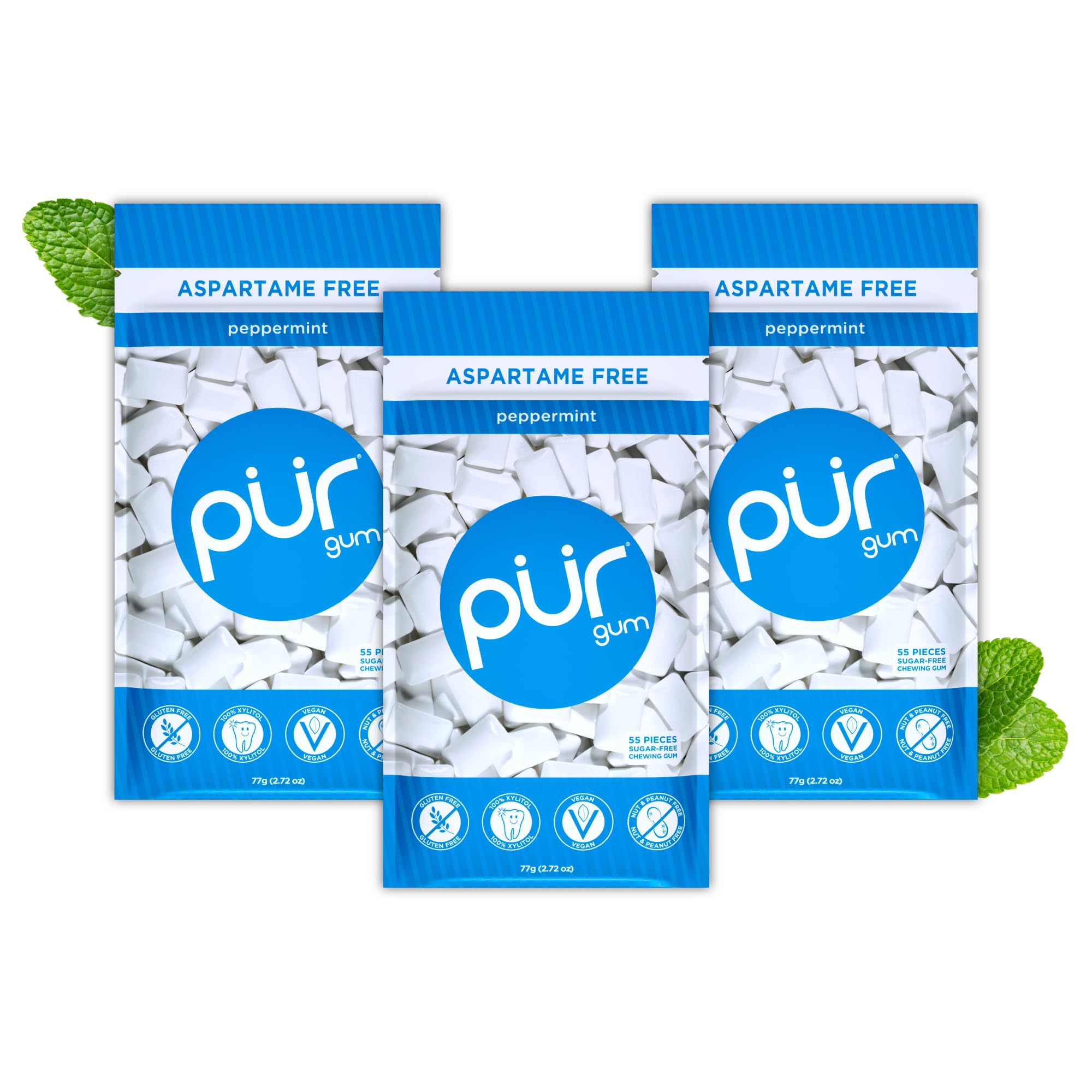 PUR - Natural Peppermint Sugar-Free Chewing Gum with Xylitol (55 Pieces, Pack of 3)