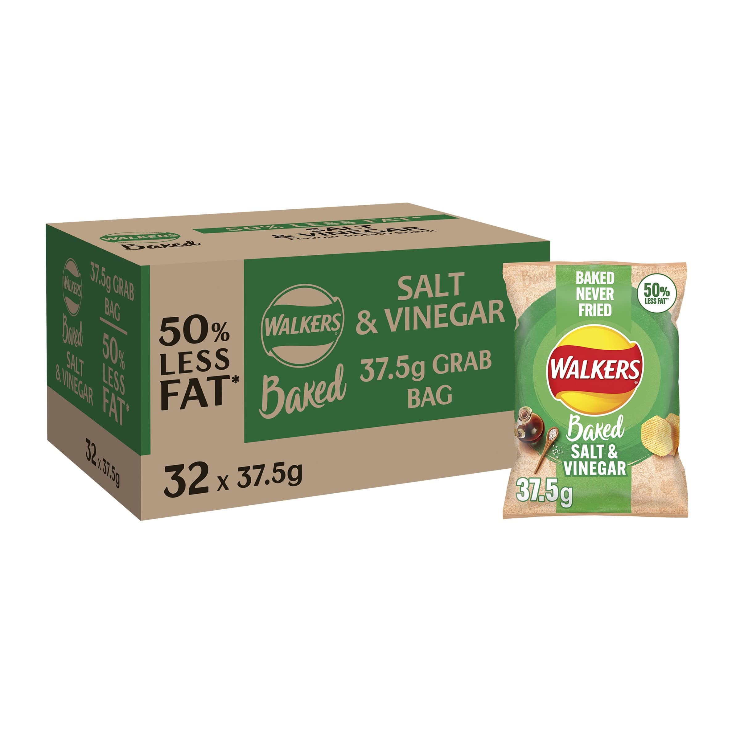 Walkers Baked Salt & Vinegar Crisps 32 x 37.5g - 50% Less Fat Snacks