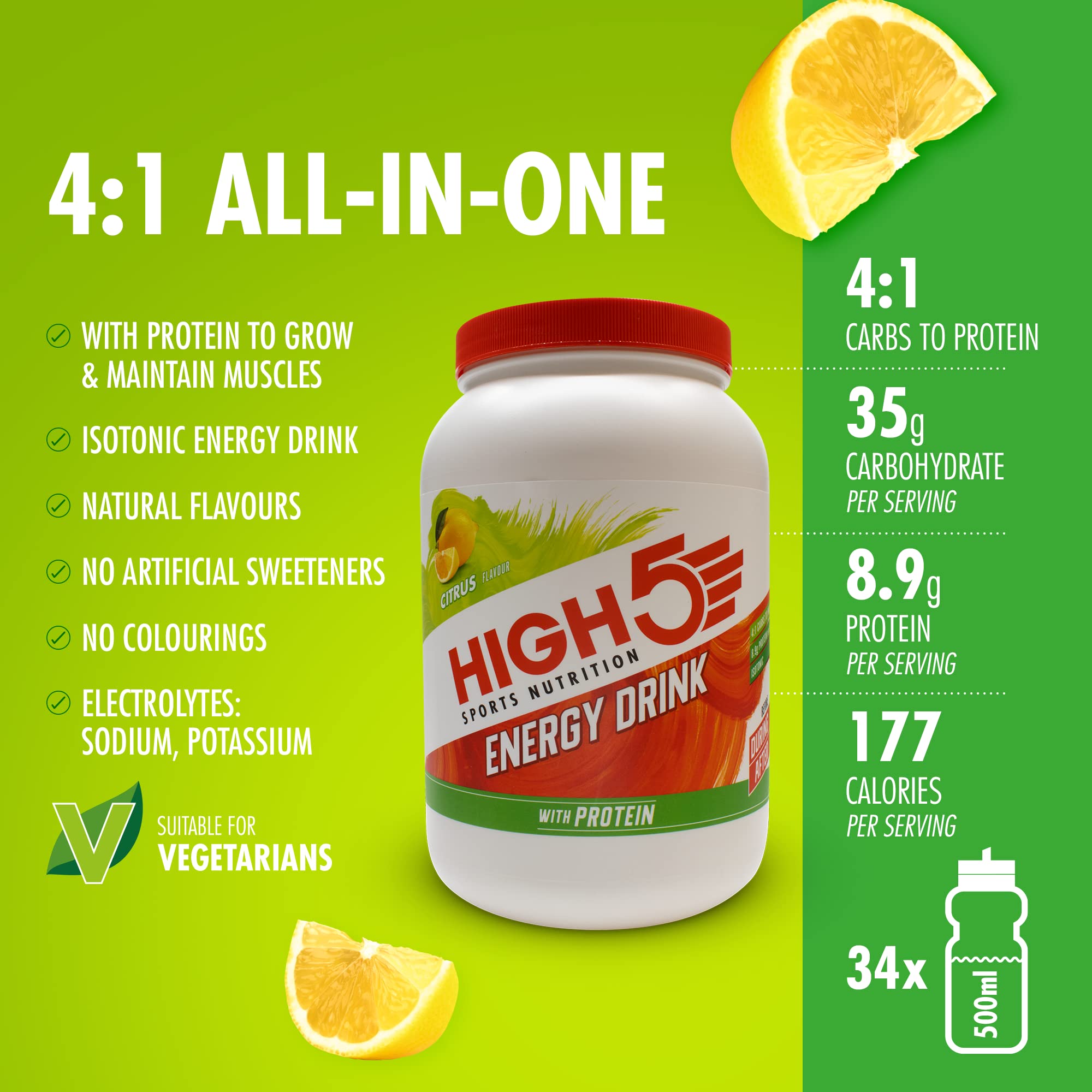 HIGH5 Energy Drink With Protein Blend of Carbohydrates, Protein & Electrolytes (Citrus, 1.6kg)