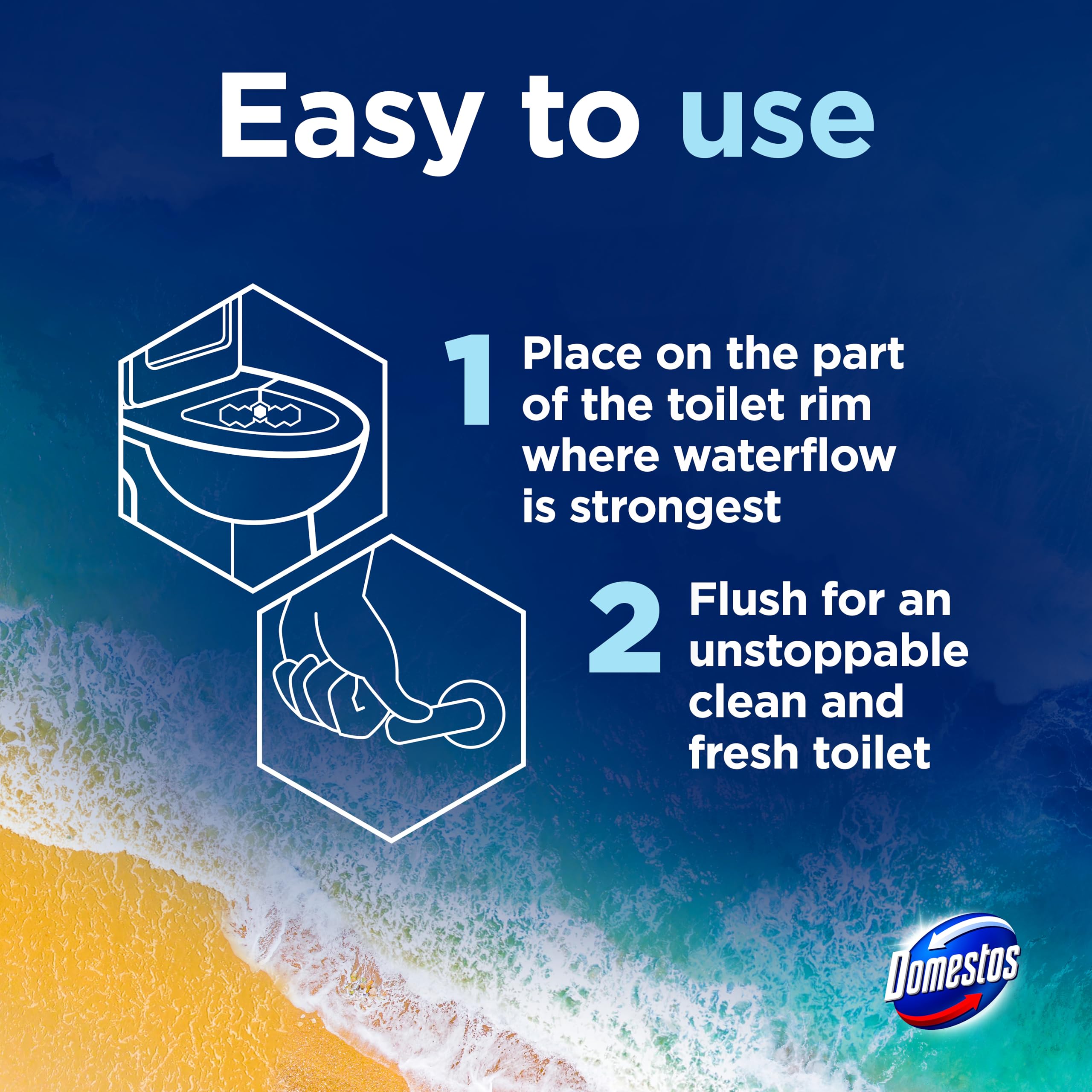 Domestos Power 5 Ocean Toilet Rim Block - Long-Lasting Toilet Freshener for Up to 300 Flushes