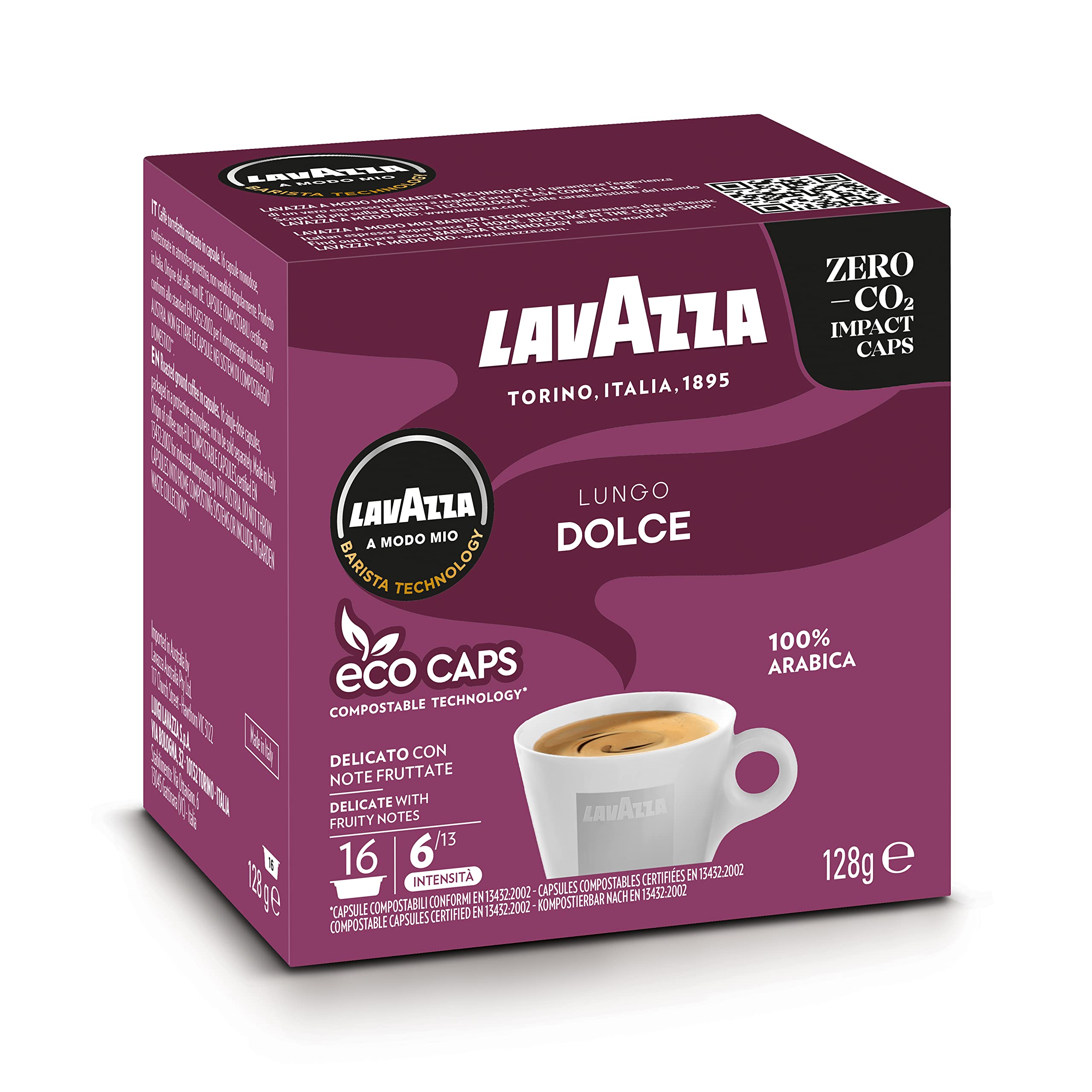Lavazza A Modo Mio Lungo Dolce - 96 Coffee Capsules, 100% Arabica Blend with Notes of Dried Fruits