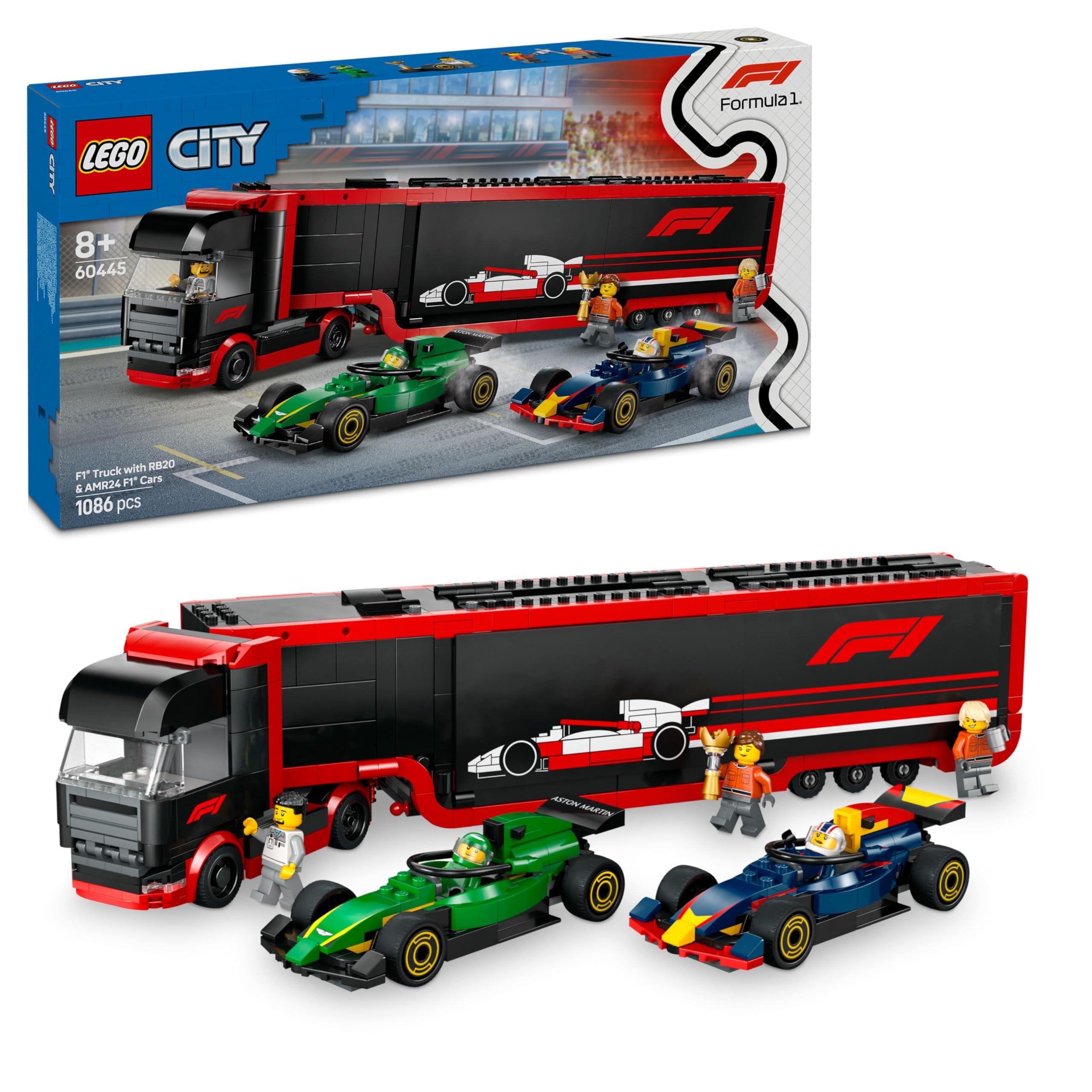 LEGO City F1 Truck with RB20 & AMR24 F1 Cars - Building Toy for 8+ Year Olds