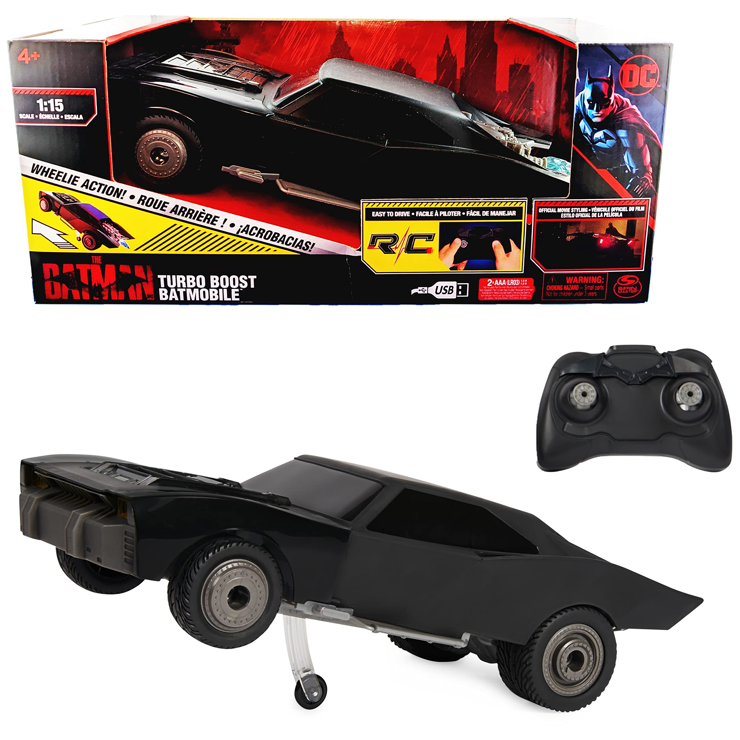 DC Comics The Batman Turbo Boost Batmobile RC - Remote Control Car with Light-Up Engine & Turbo Speed