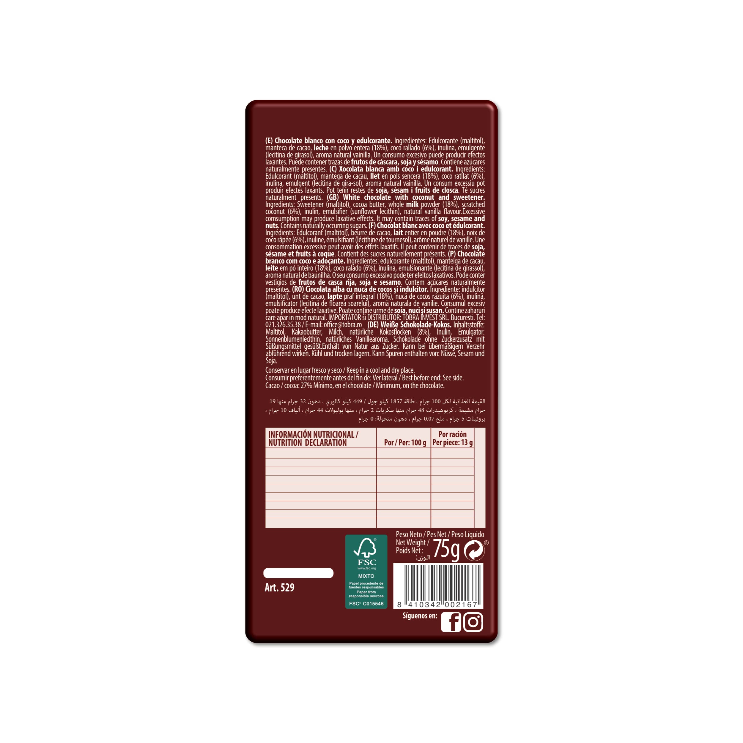 Torras No Added Sugar White Chocolate Bar with Coconut 75 g