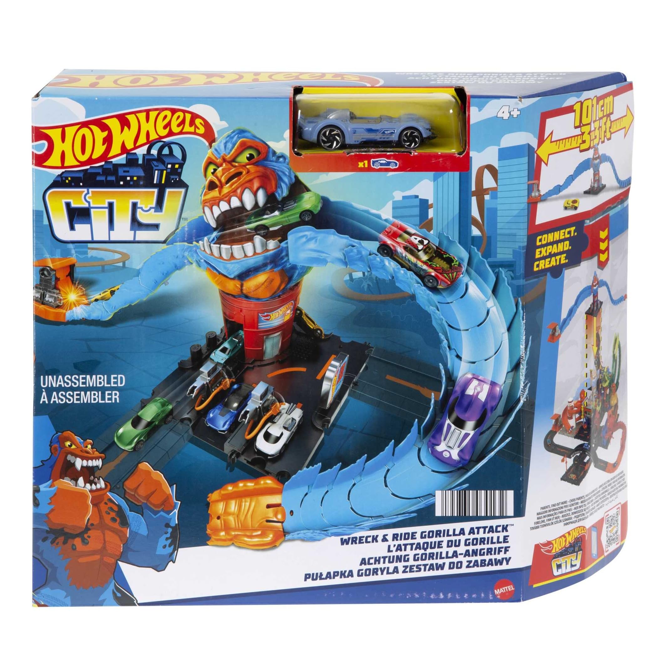 Hot Wheels City Wreck & Ride Gorilla Attack Playset - Bendable Track, Launcher & Gas Station Theme, Ages 4-8