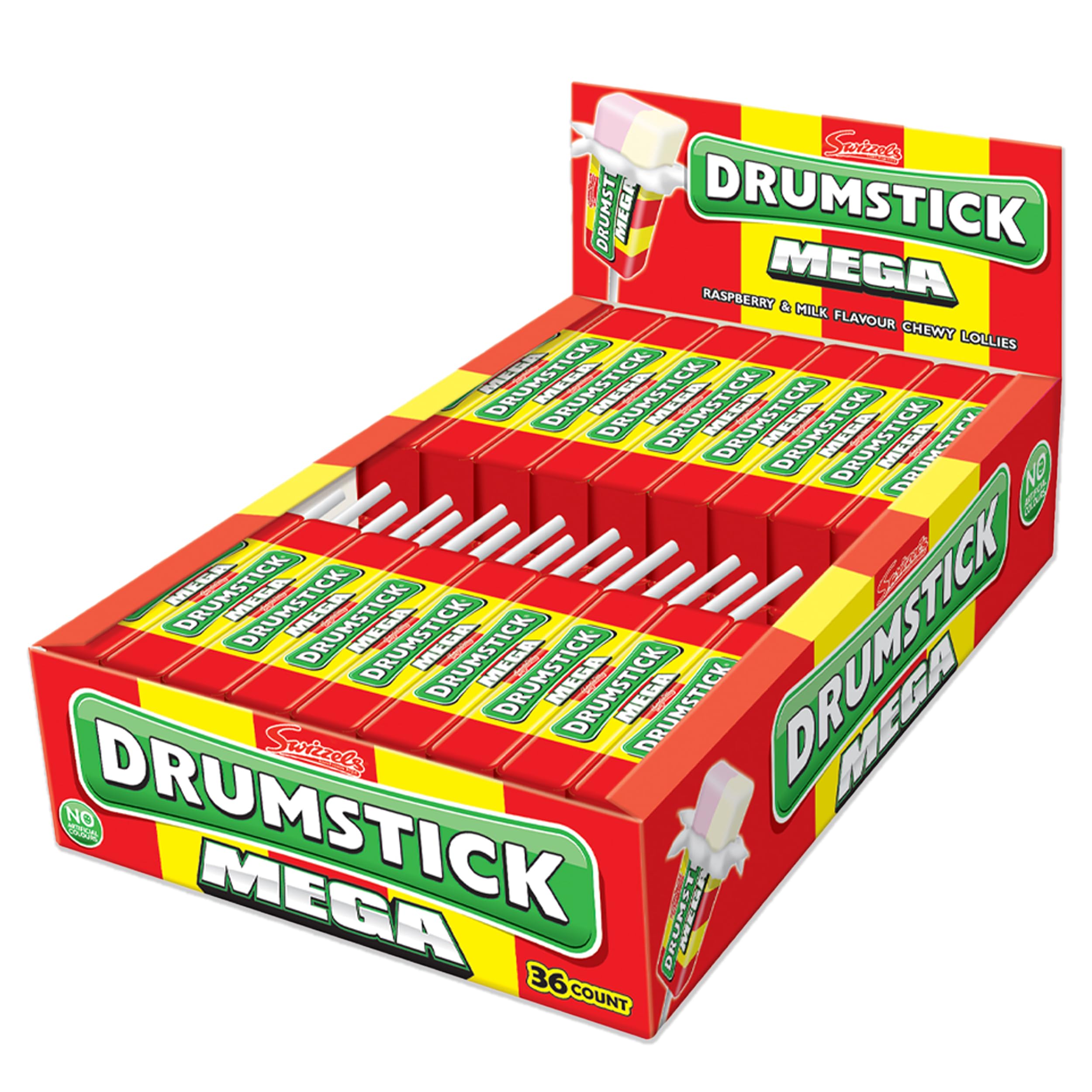 Swizzels Mega Original Drumstick Raspberry and Milk Flavoured Lollies, Multipack Bulk Box (36 Lollies)