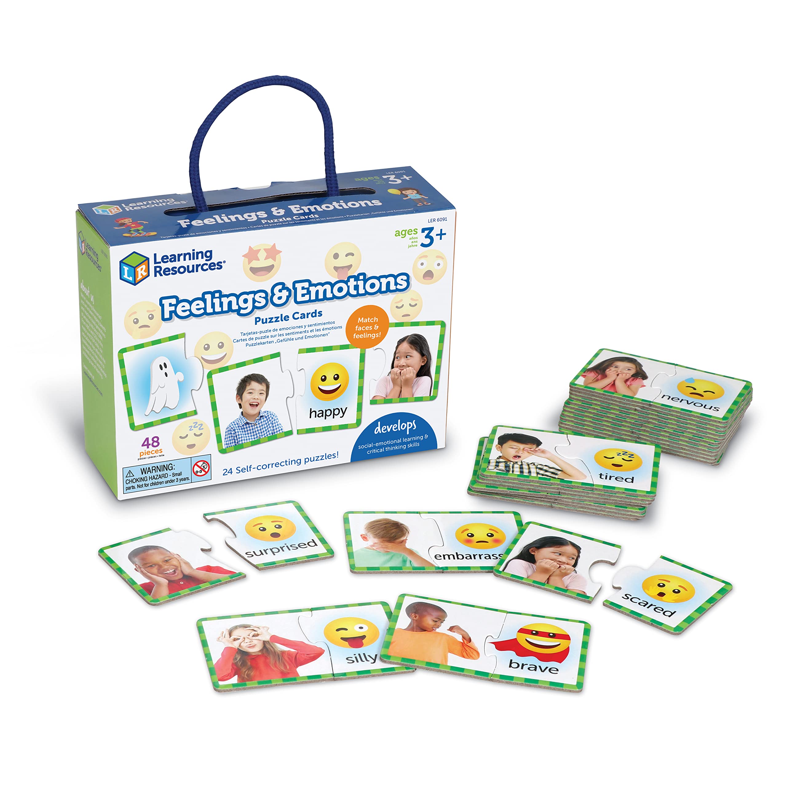 Learning Resources Feelings & Emotions Puzzle Cards - 48-Piece SEL Learning Toy for Ages 3+