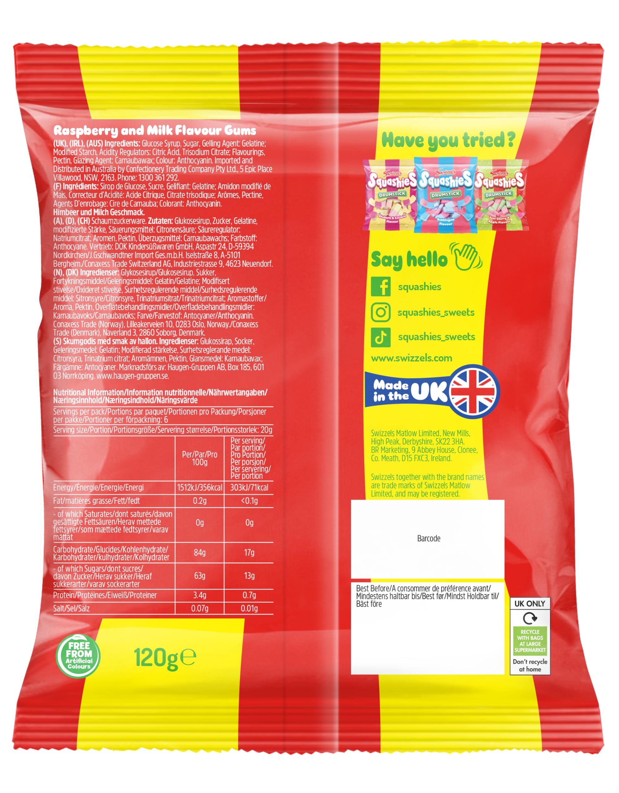 Swizzels Drumstick Squashies Original Raspberry & Milk Flavour Sweets - 120g