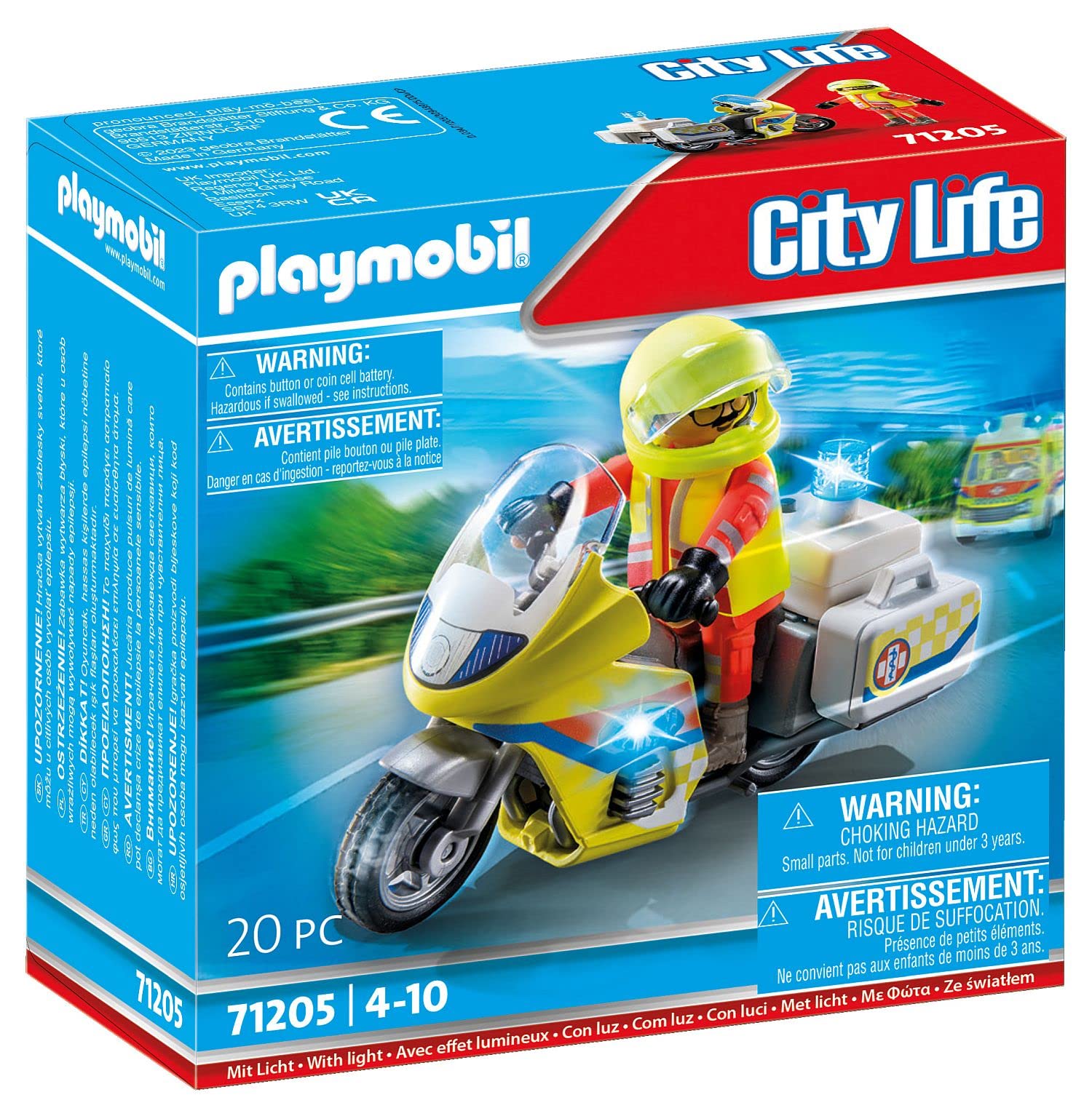 Playmobil 71205 Rescue Emergency Motorcycle with Flashing Lights - Action Figure Playset for Kids 4+
