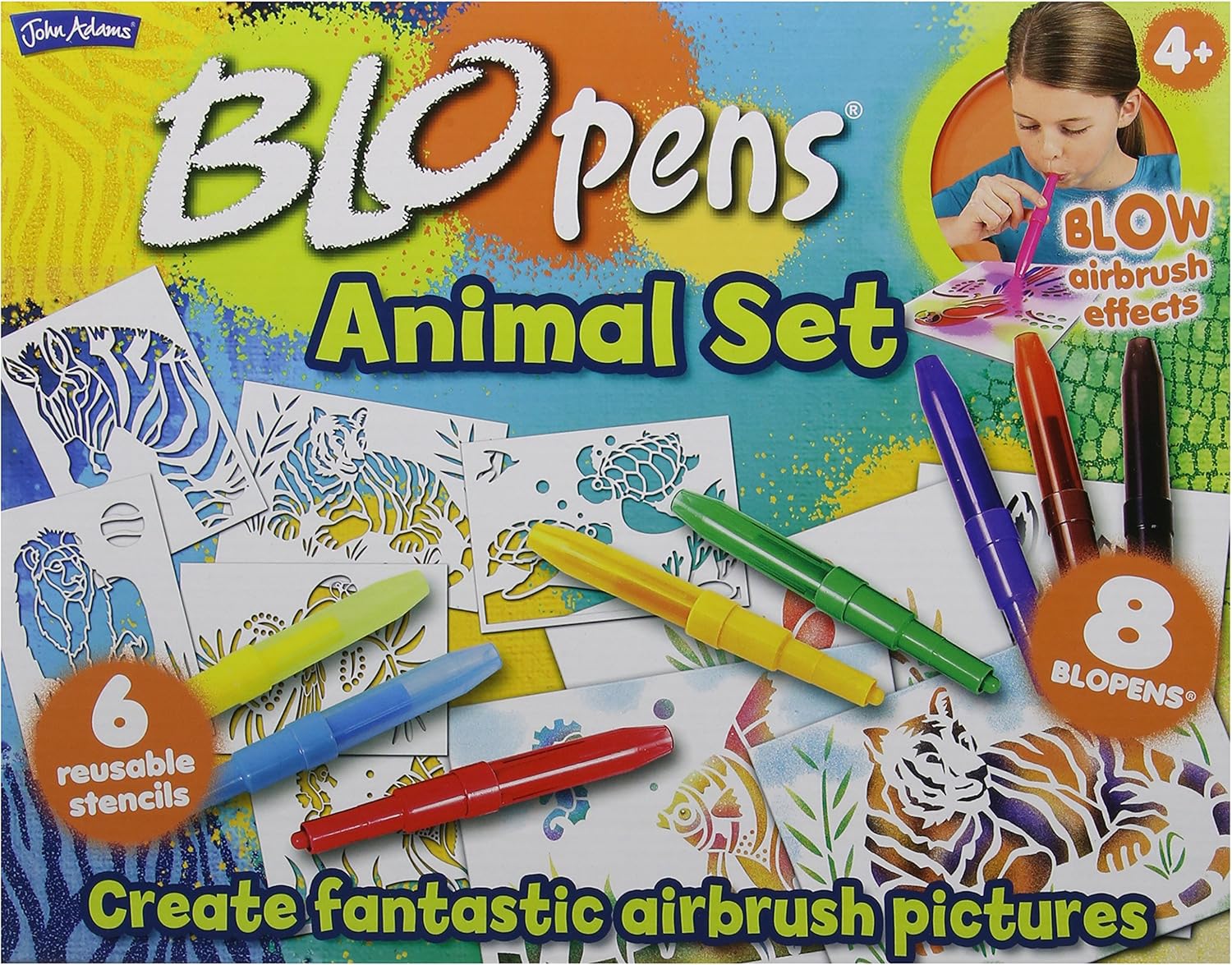 John Adams BLOPENS Animal Activity Set - 8 Colors & 6 Reusable Stencils for Airbrush Drawing