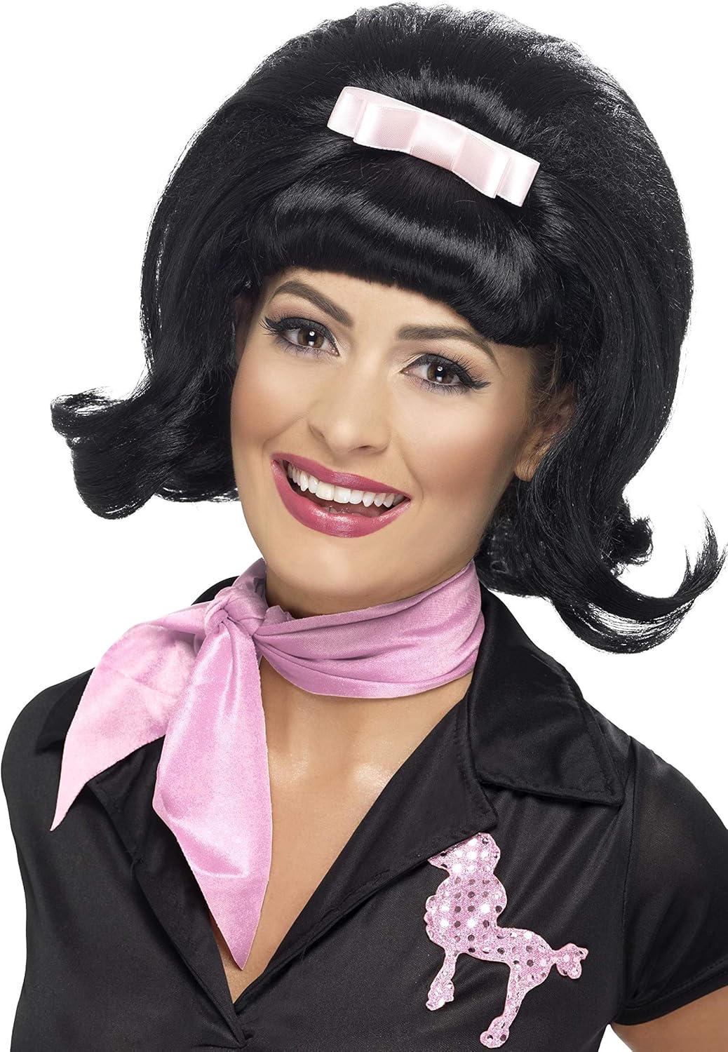 Smiffys 1950s Flicked Beehive Bob Wig with Ribbon Bow - Black
