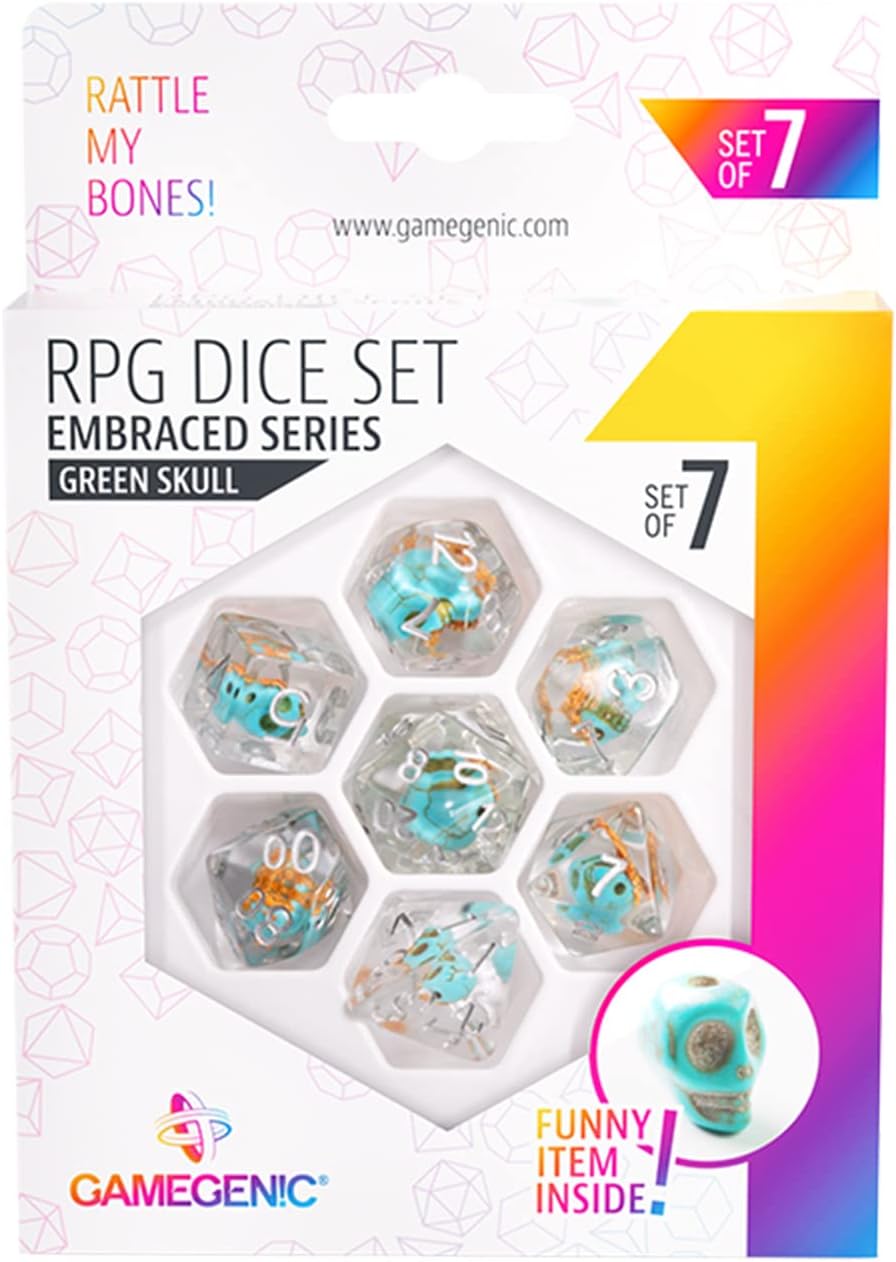 Gamegenic Embraced Series Green Skull RPG Dice Set | 7-Piece Resin Dice with Rounded Edges