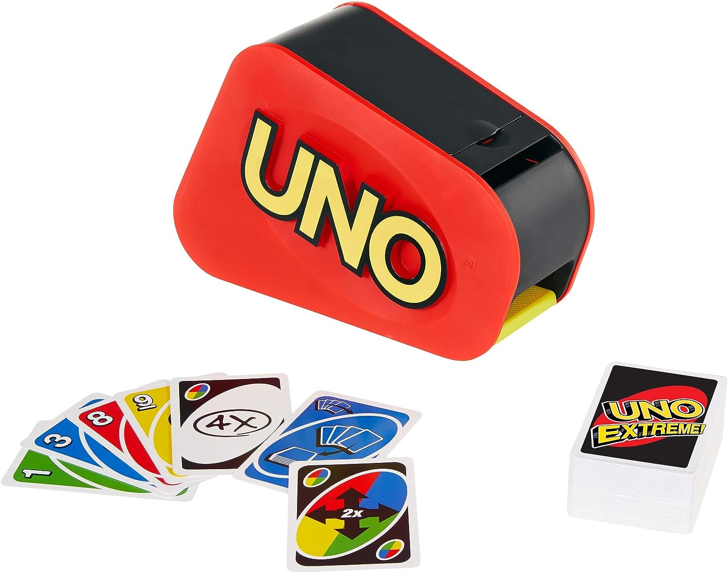 UNO Extreme Card Game with Random-Action Launcher, Lights & Sounds, 112 Cards